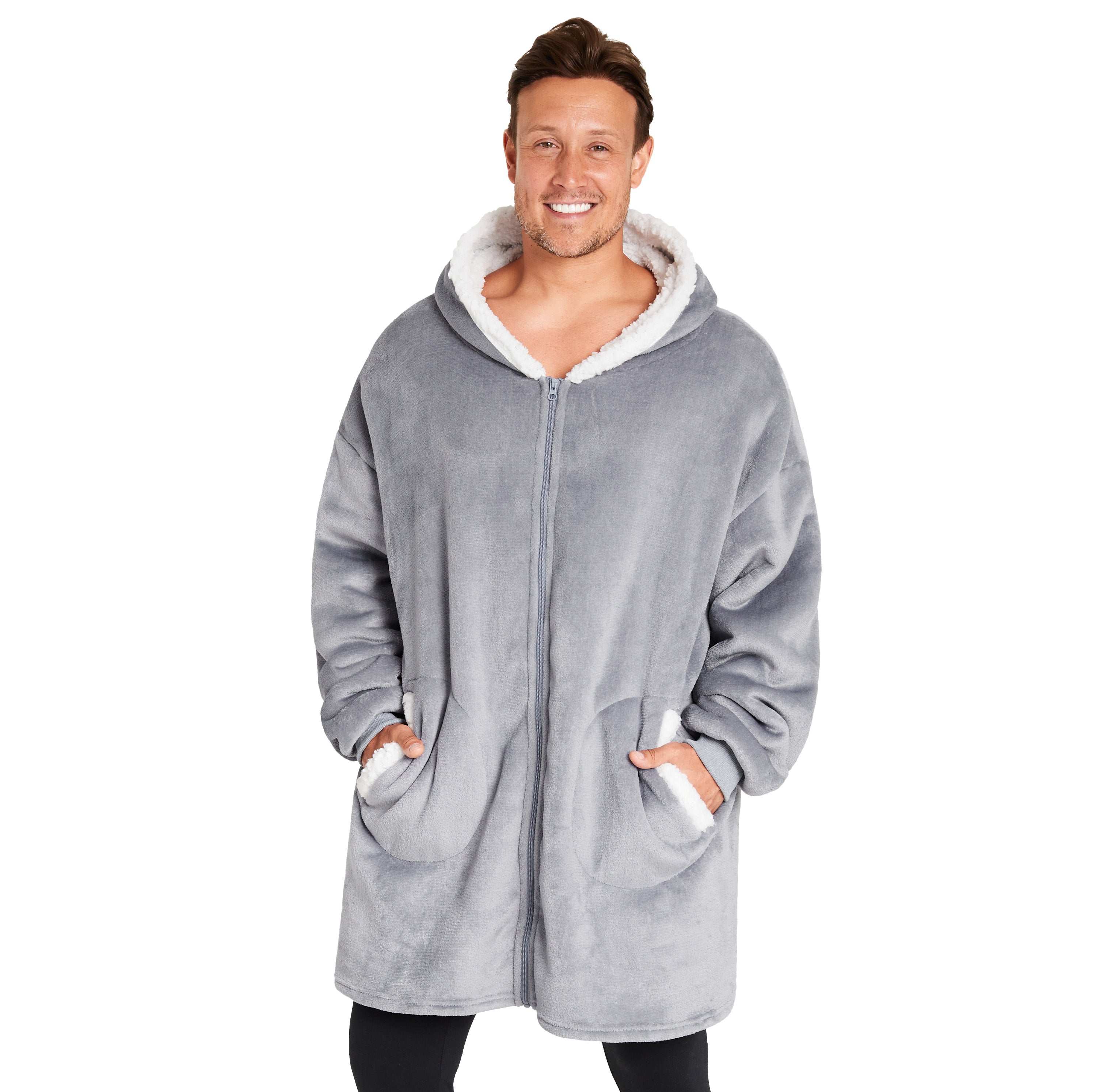 citycomfort-sweat-plaid-capuche-zipp-gris-polaire-sherpa image 2