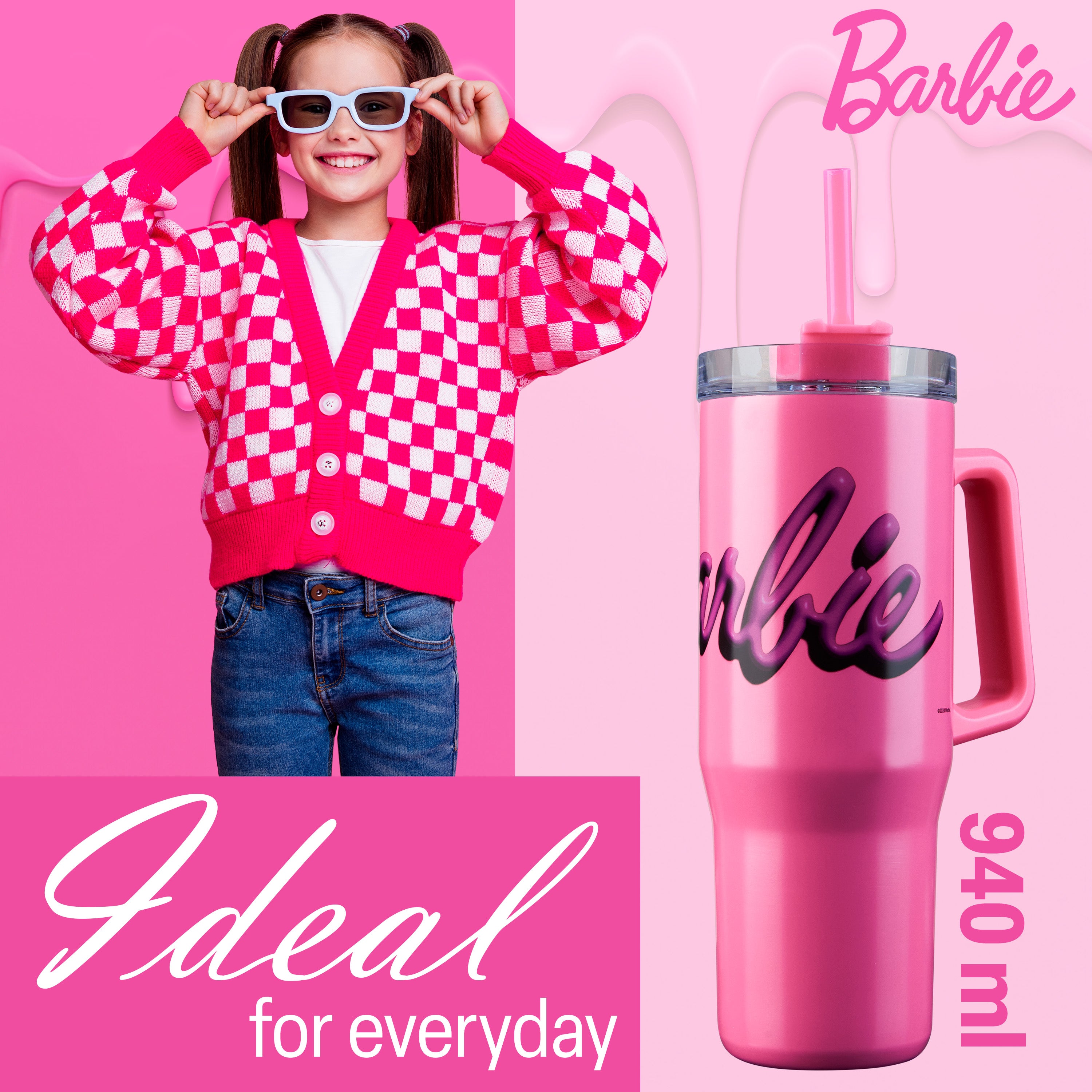 barbie-gourde-isotherme-940ml-avec-paille-et-poign-e-rose image 3
