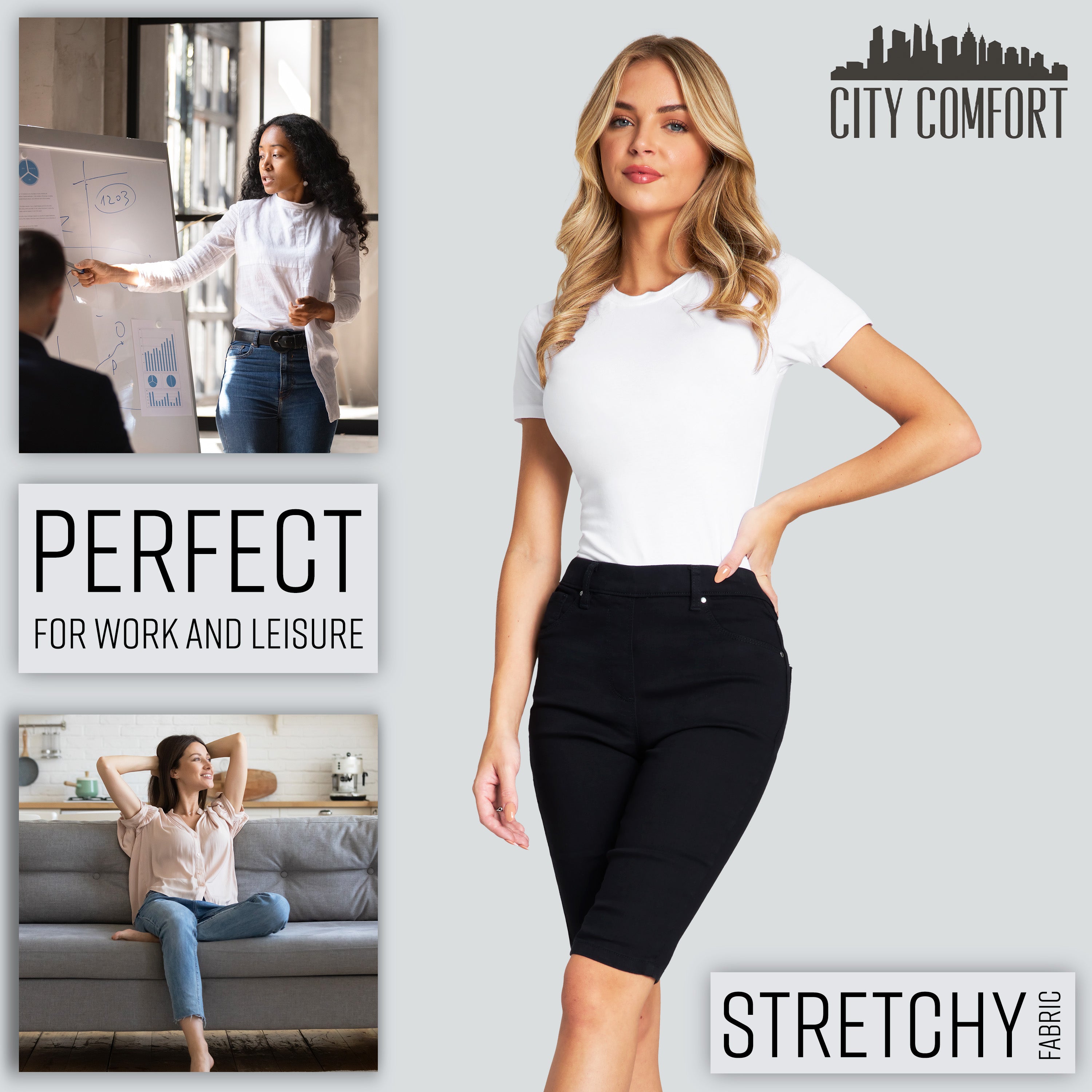 citycomfort-short-jean-genou-stretch-taille-haute-noir image 4
