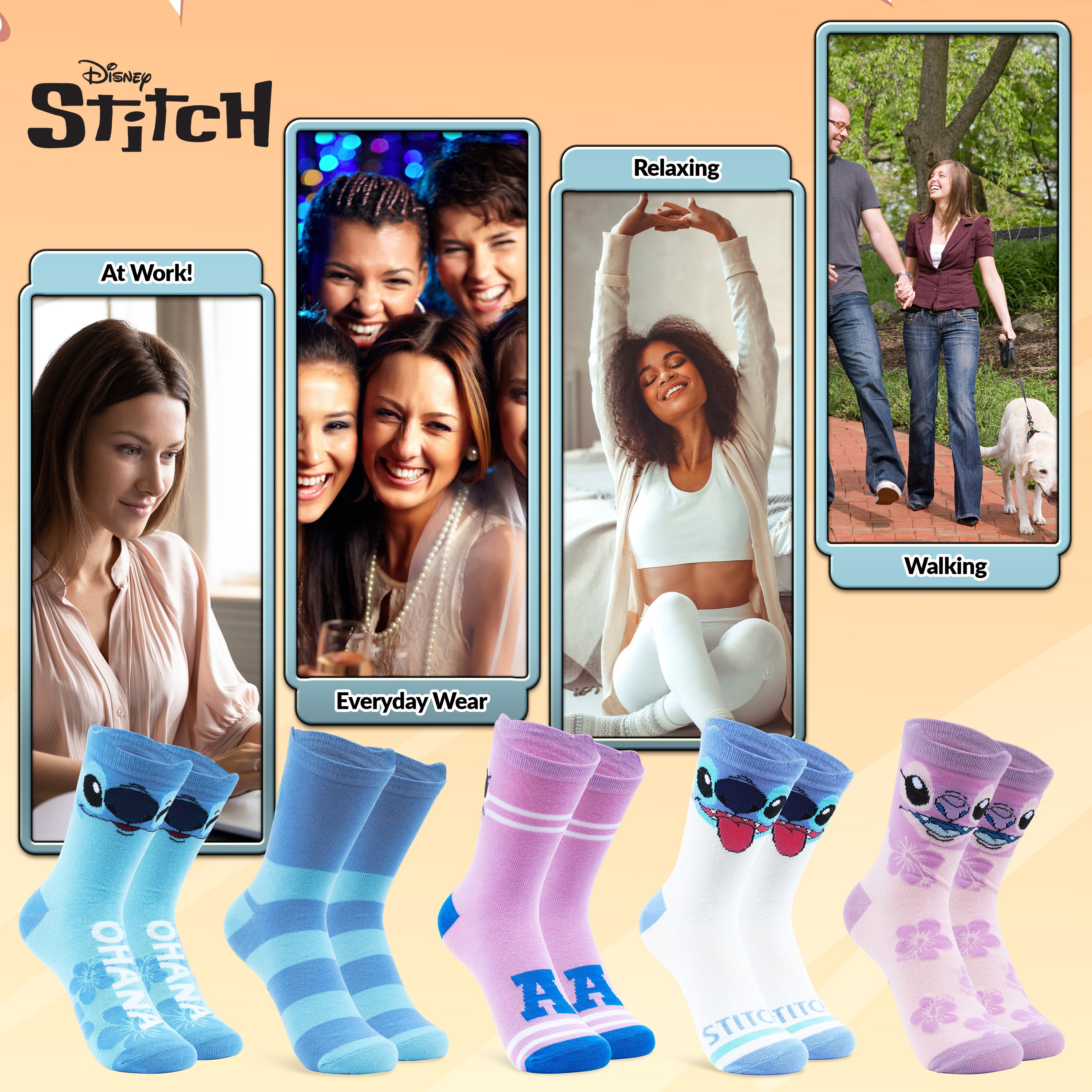 disney-chaussettes-femme-stitch-lot-5-paires-rose-bleu-coton image 5
