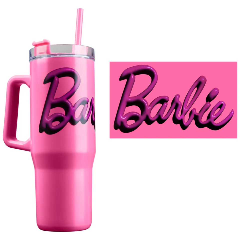 barbie-gourde-isotherme-940ml-avec-paille-et-poign-e-rose image 1