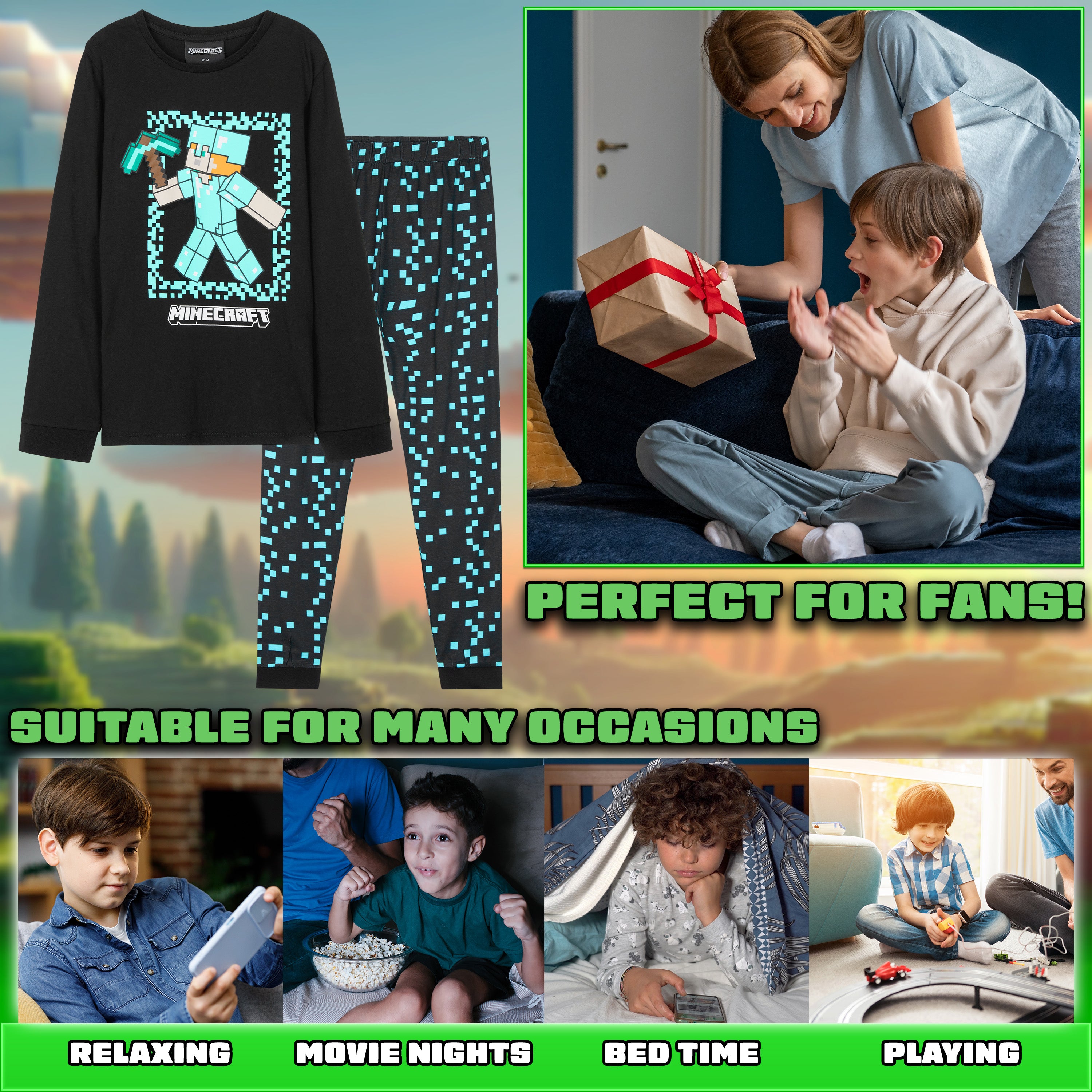 minecraft-pyjama-long-gar-on-coton-9-10-ans-creeper image 3