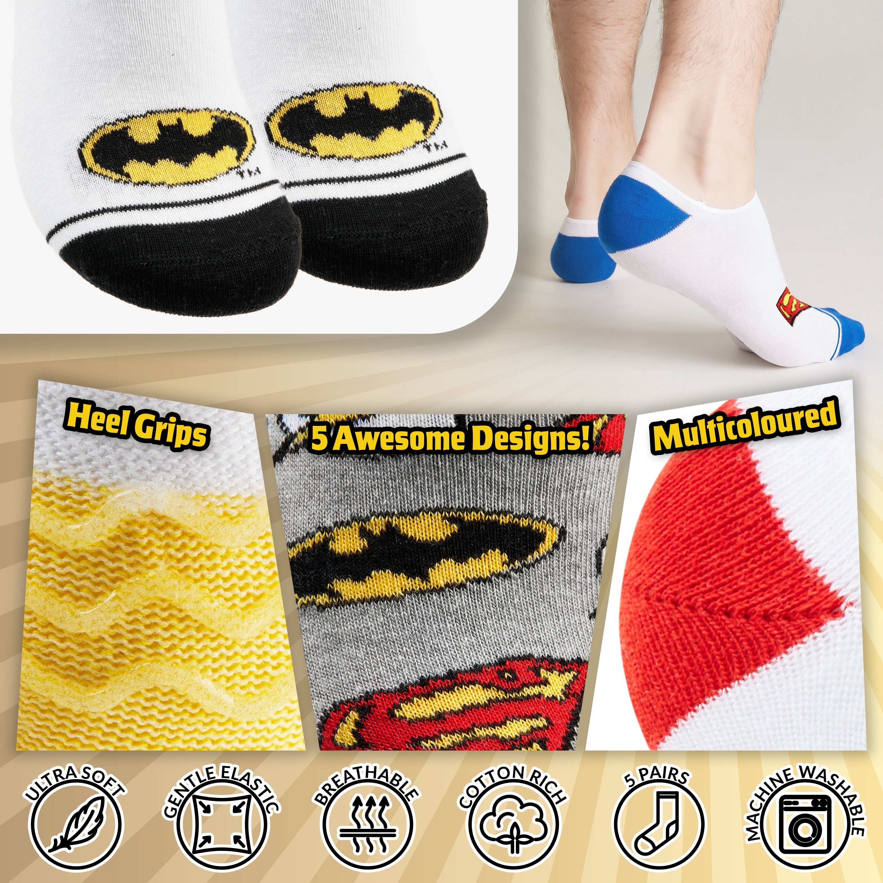 dc-comics-batman-superman-socquettes-invisibles-homme-lot-de-5-coton image 3