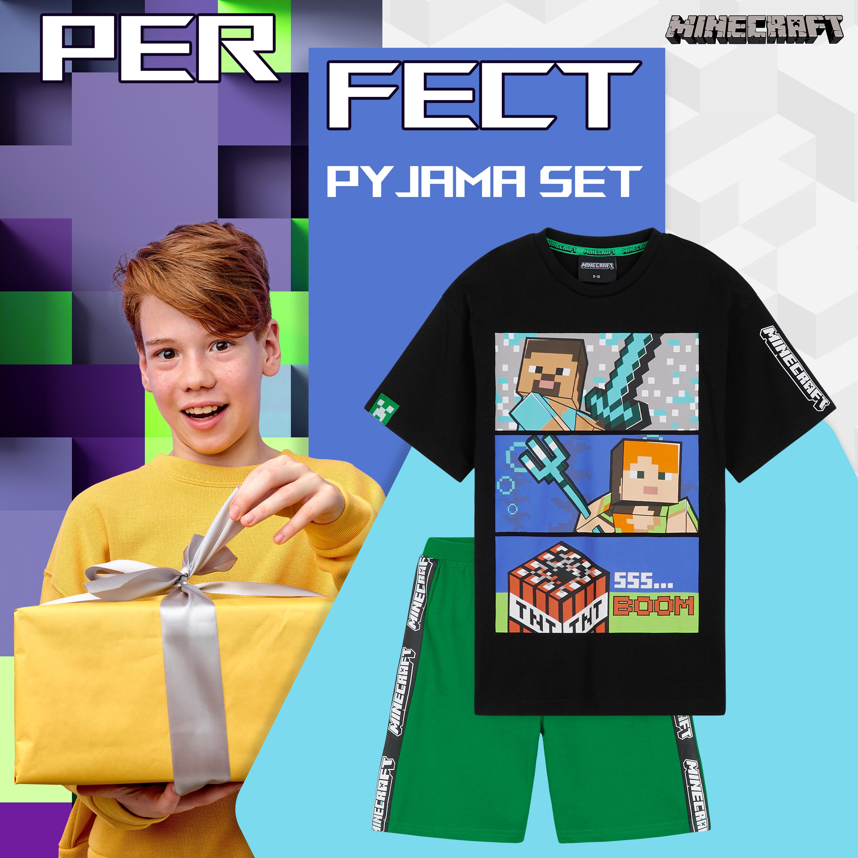 minecraft-pyjama-court-gar-on-coton-noir-vert-5-14-ans image 3
