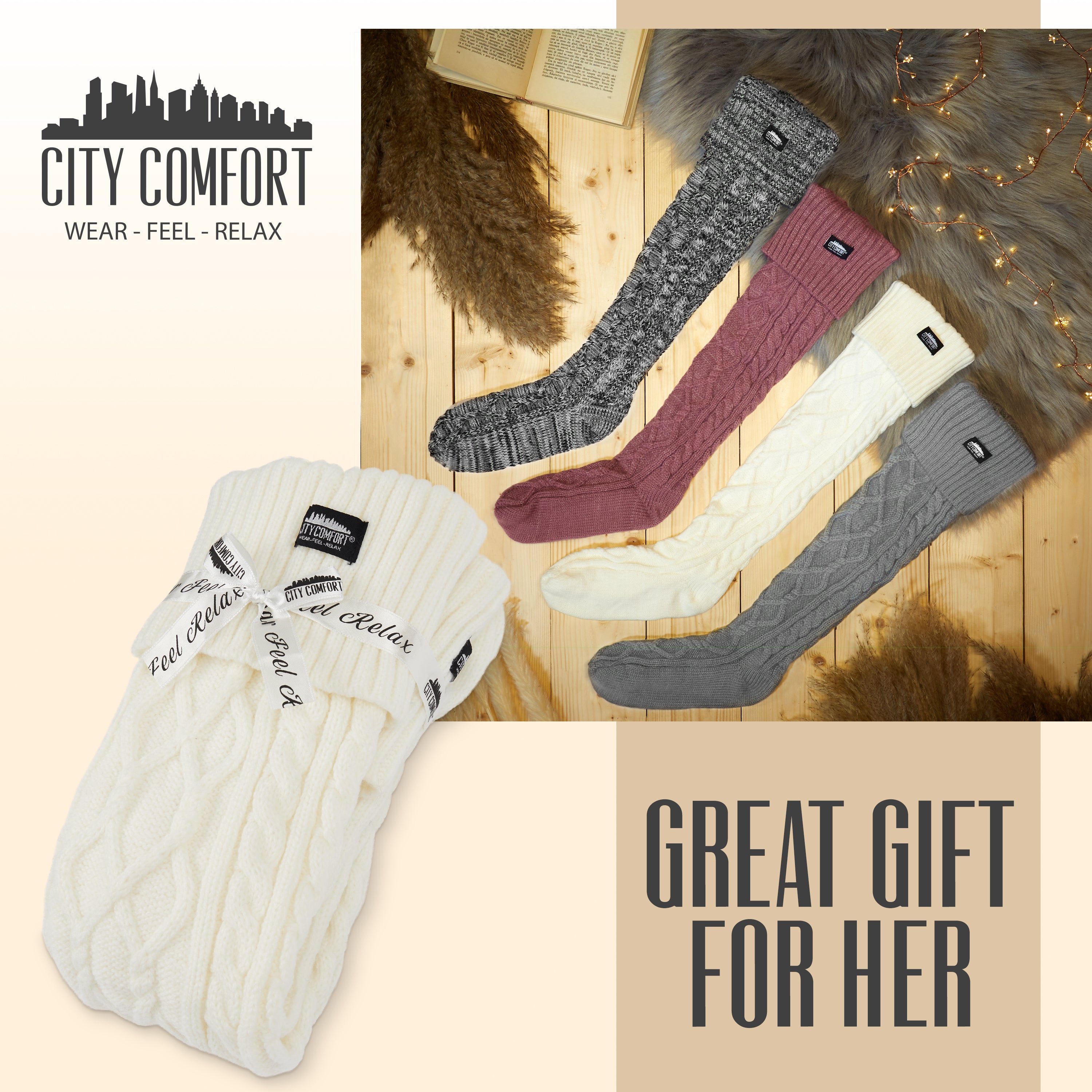 citycomfort-women-chaussettes-hautes-femme-cr-me-maille-torsad-e image 2