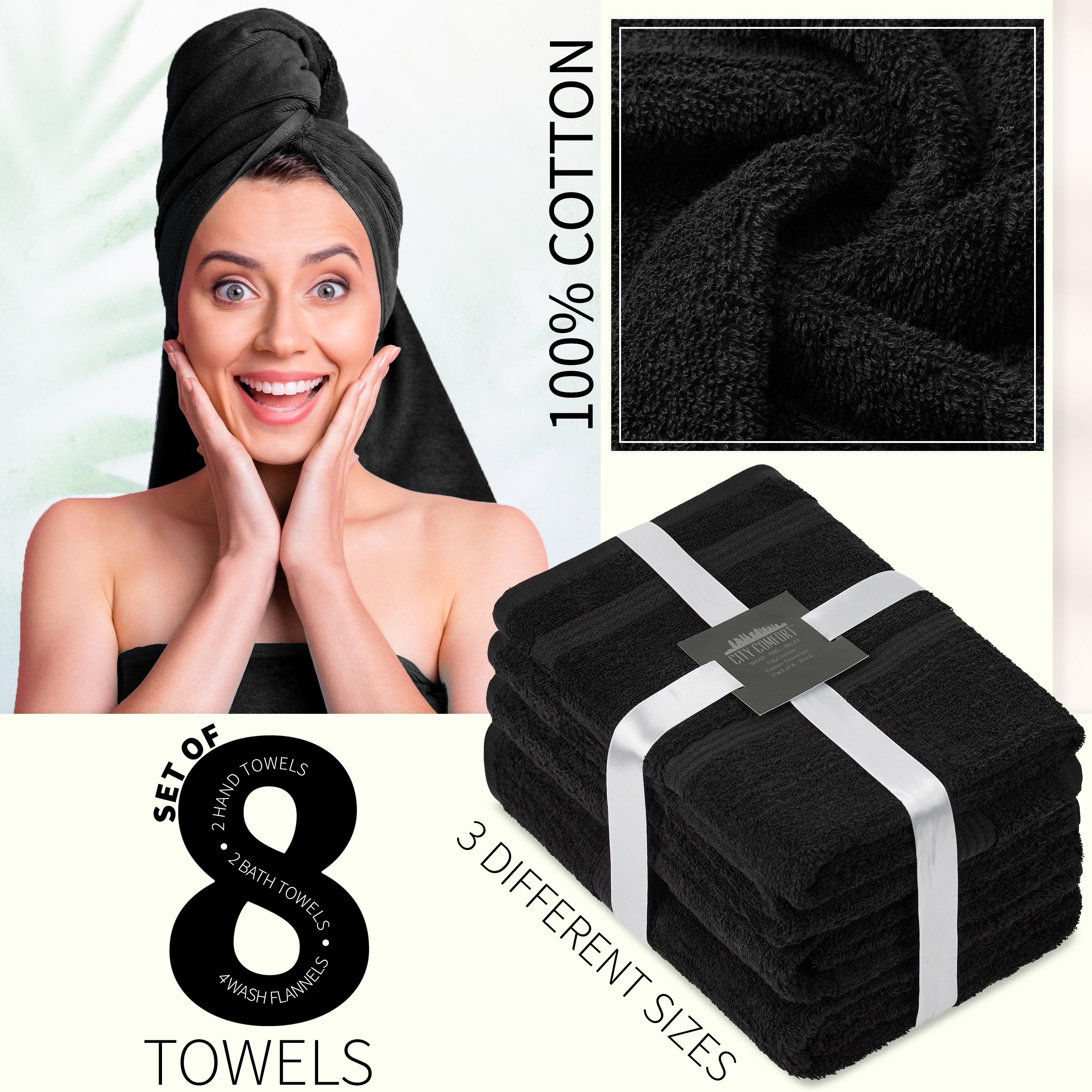 citycomfort-set-8-serviettes-coton-550-g-m-noir-bain-main image 3
