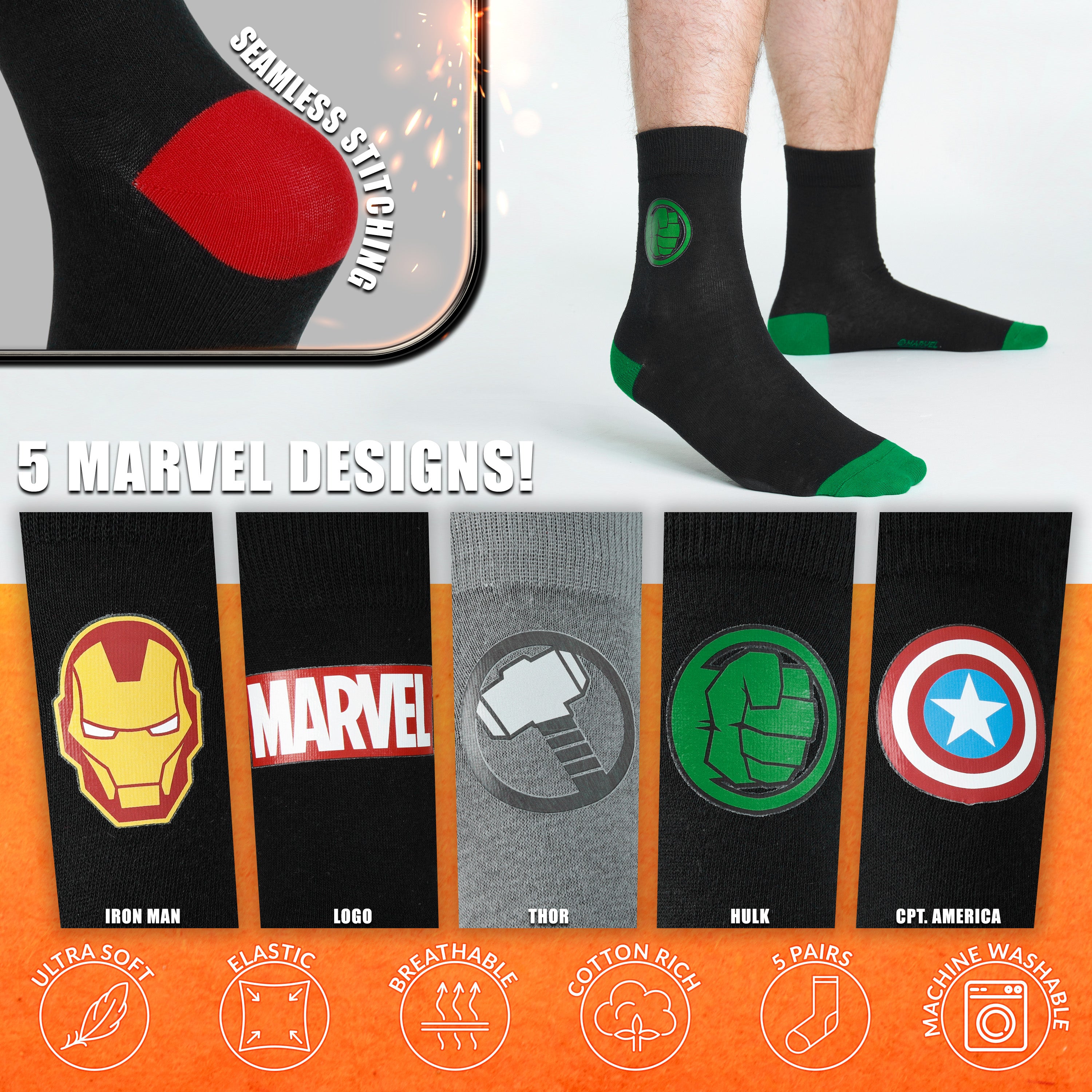 marvel-avengers-chaussettes-homme-mi-mollet-lot-de-5-respirantes image 4