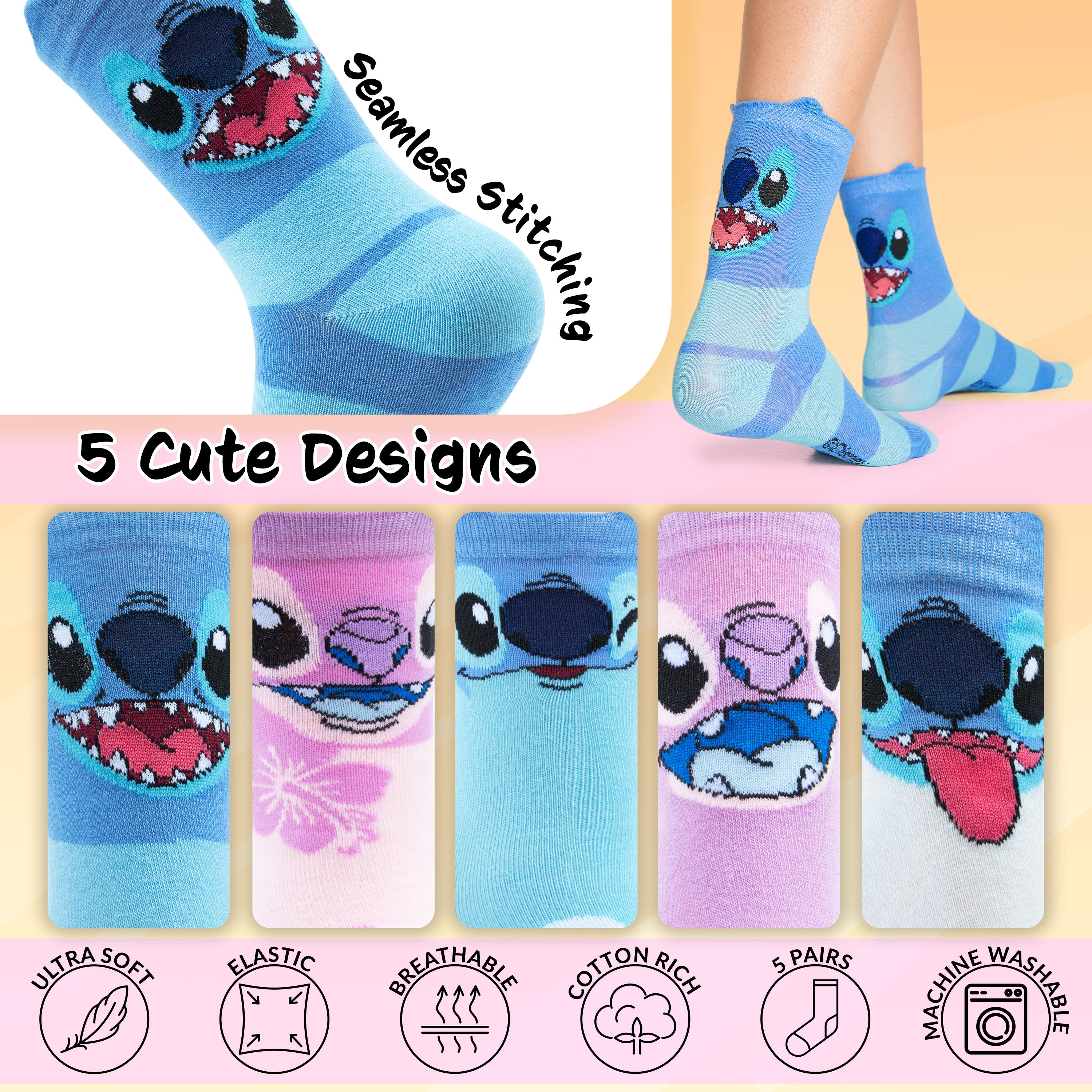 disney-chaussettes-femme-stitch-lot-5-paires-rose-bleu-coton image 3