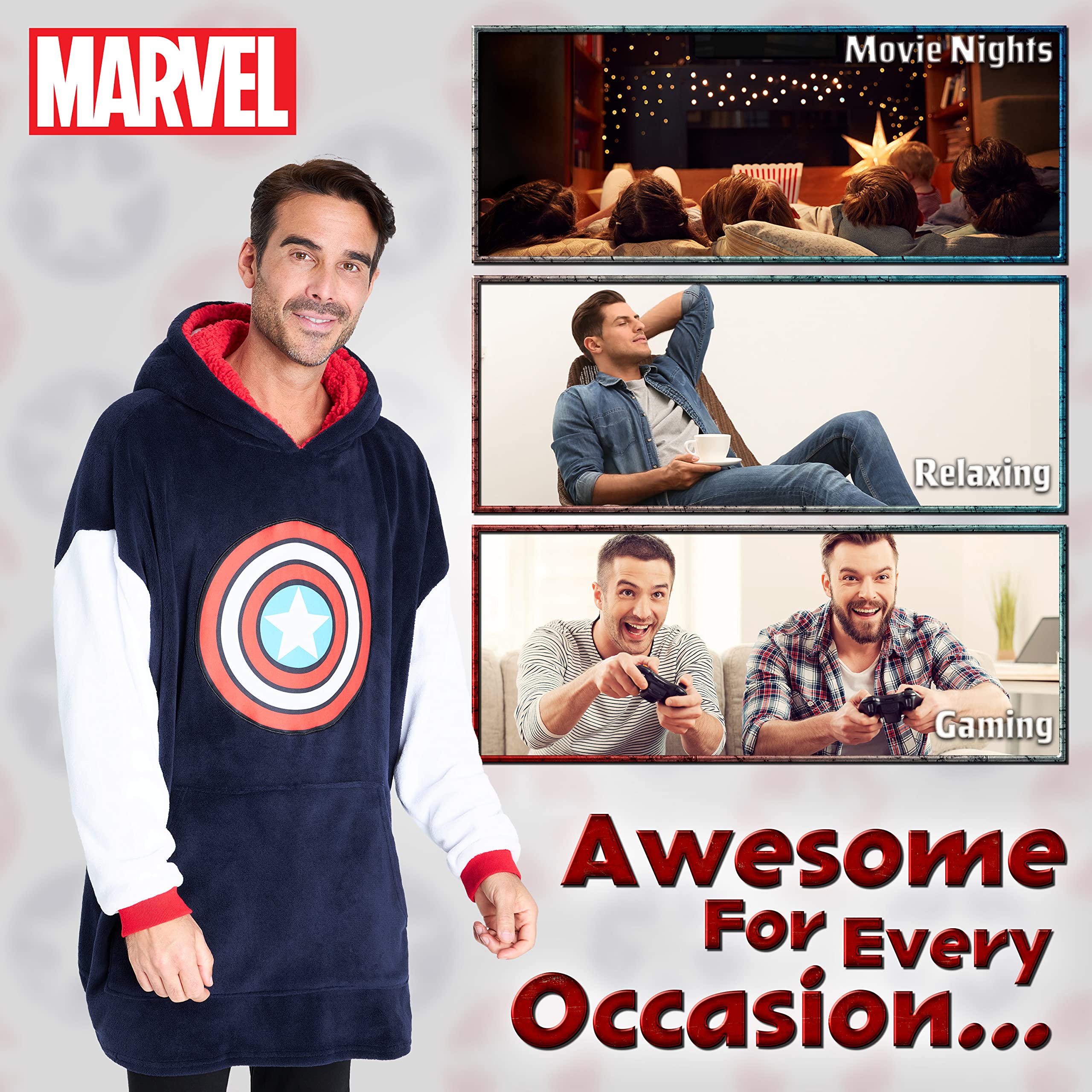 marvel-pull-plaid-sweat-polaire-oversize-homme-navy-rouge image 4