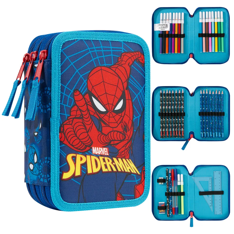 marvel-trousse-scolaire-garnie-spiderman-triple-zip-fournie image 1