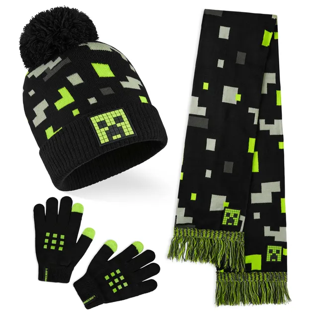 minecraft-ensemble-bonnet-charpe-gants-noir-vert-junior image 1