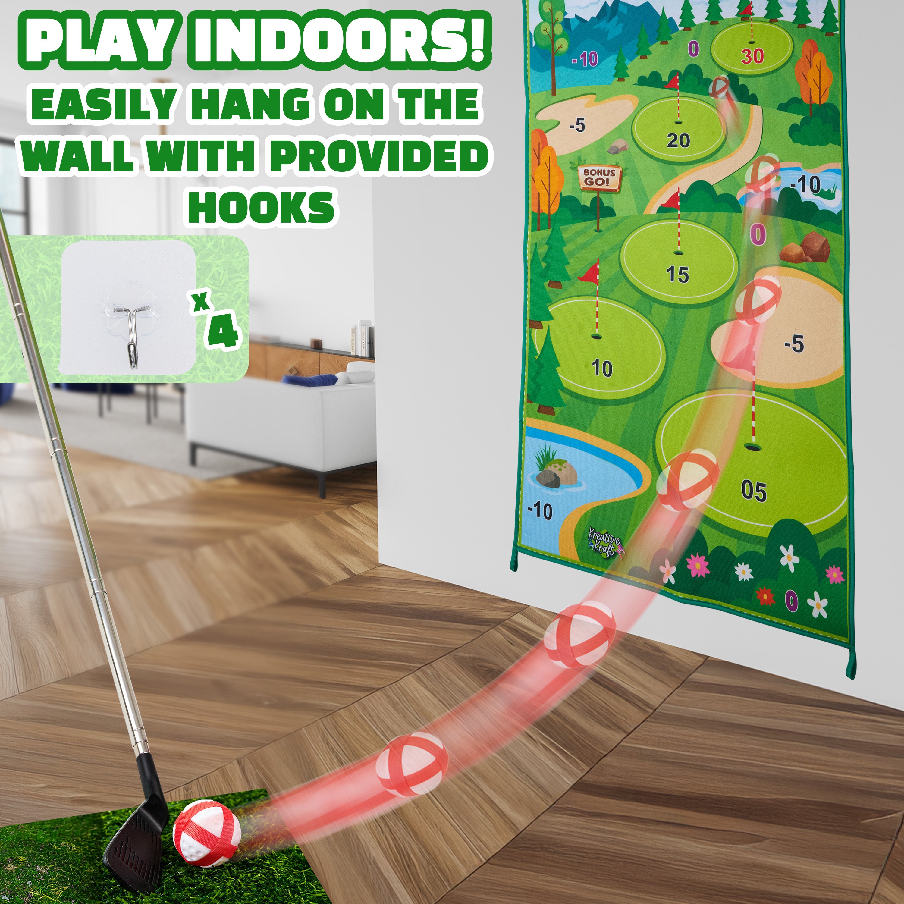kreativekraft-set-golf-enfant-tapis-cible-2-clubs-12-balles image 2