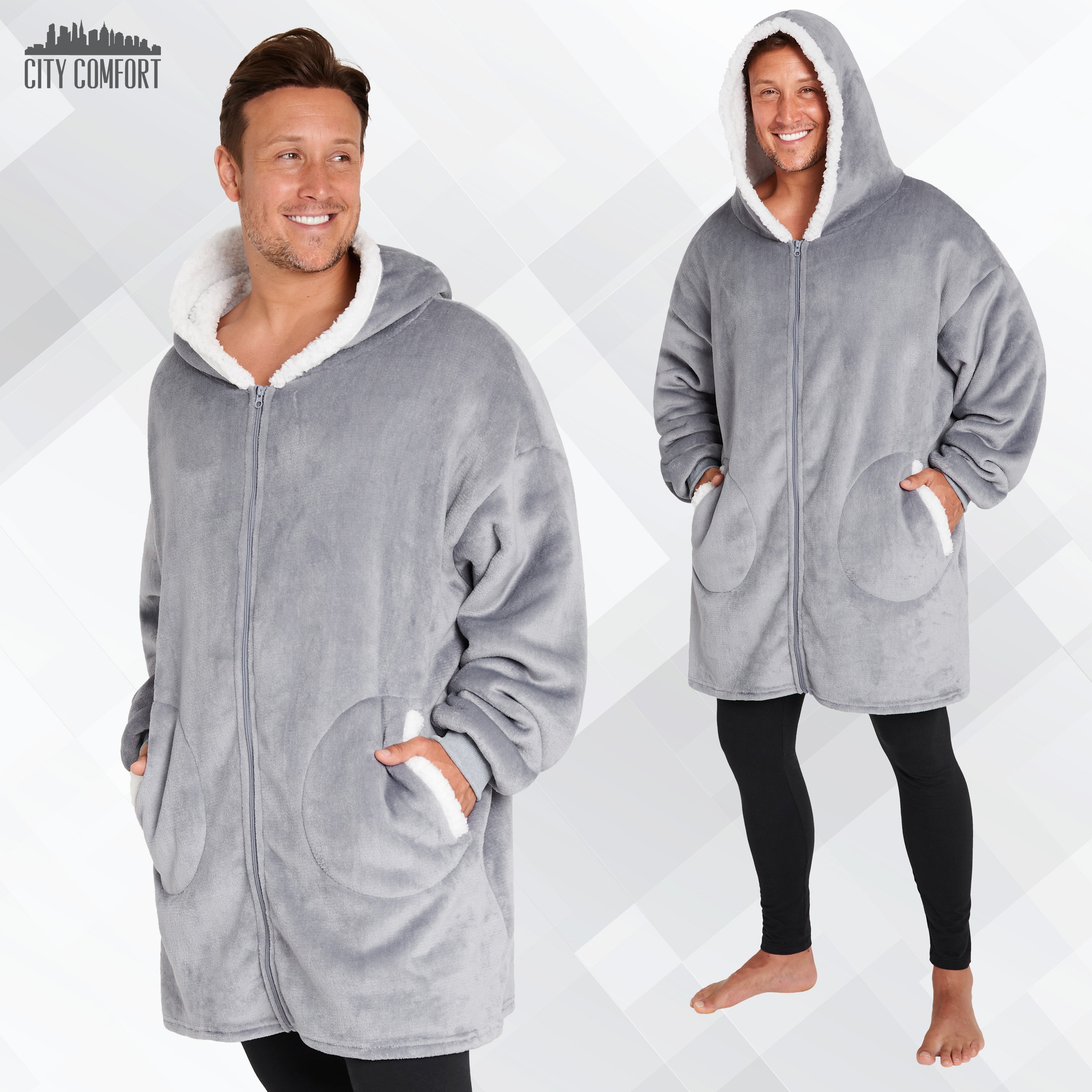 citycomfort-sweat-plaid-capuche-zipp-gris-polaire-sherpa image 4