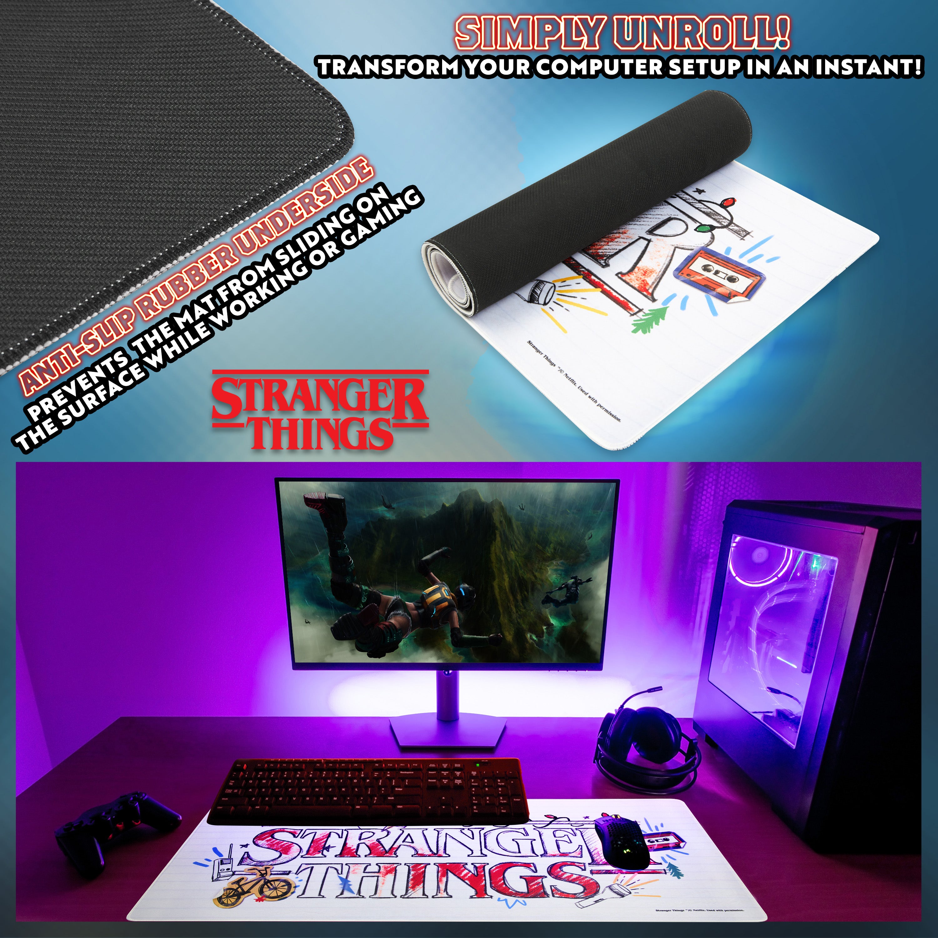 stranger-things-tapis-de-bureau-xxl-blanc-80x36-clavier-souris image 5
