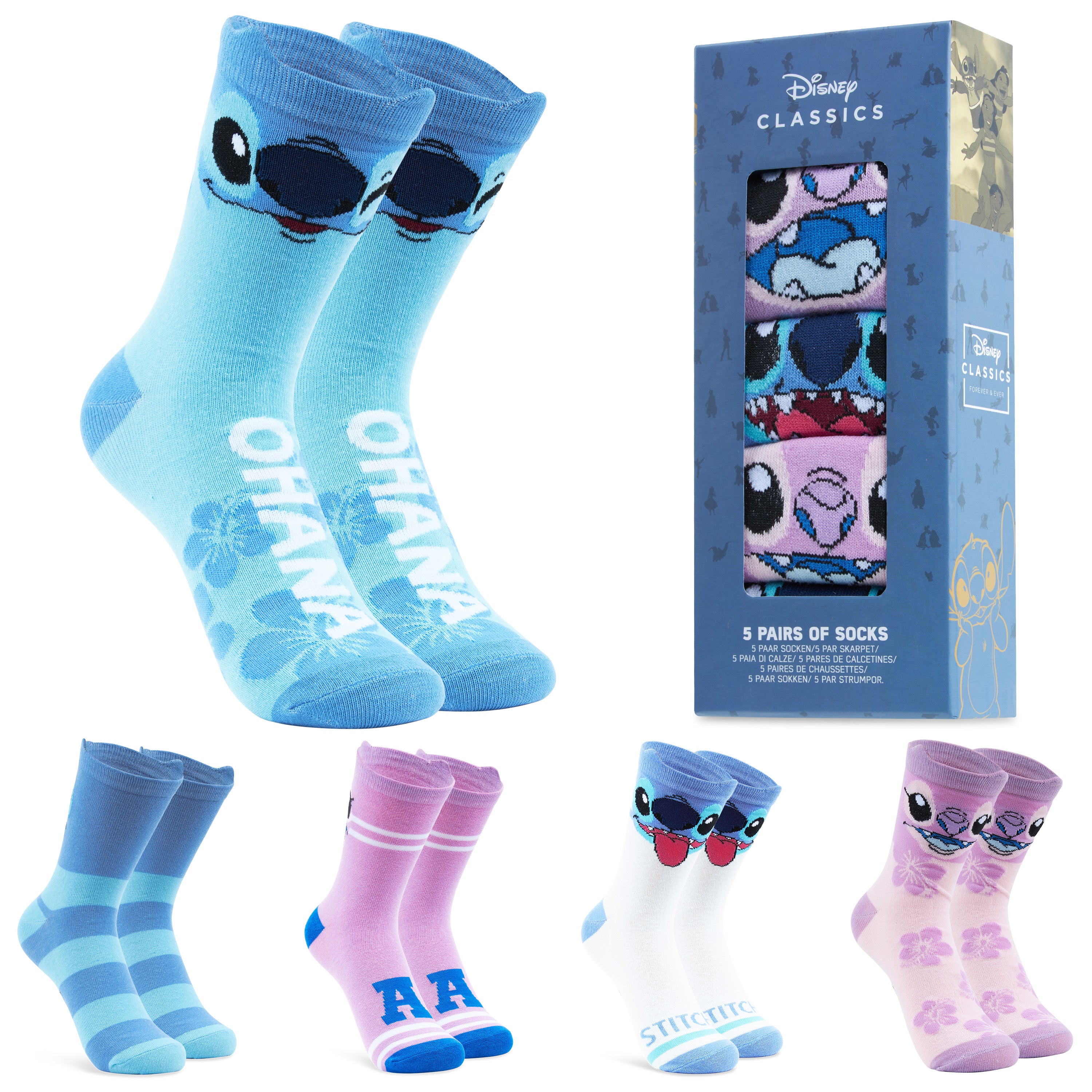 disney-chaussettes-femme-stitch-lot-5-paires-rose-bleu-coton image 1