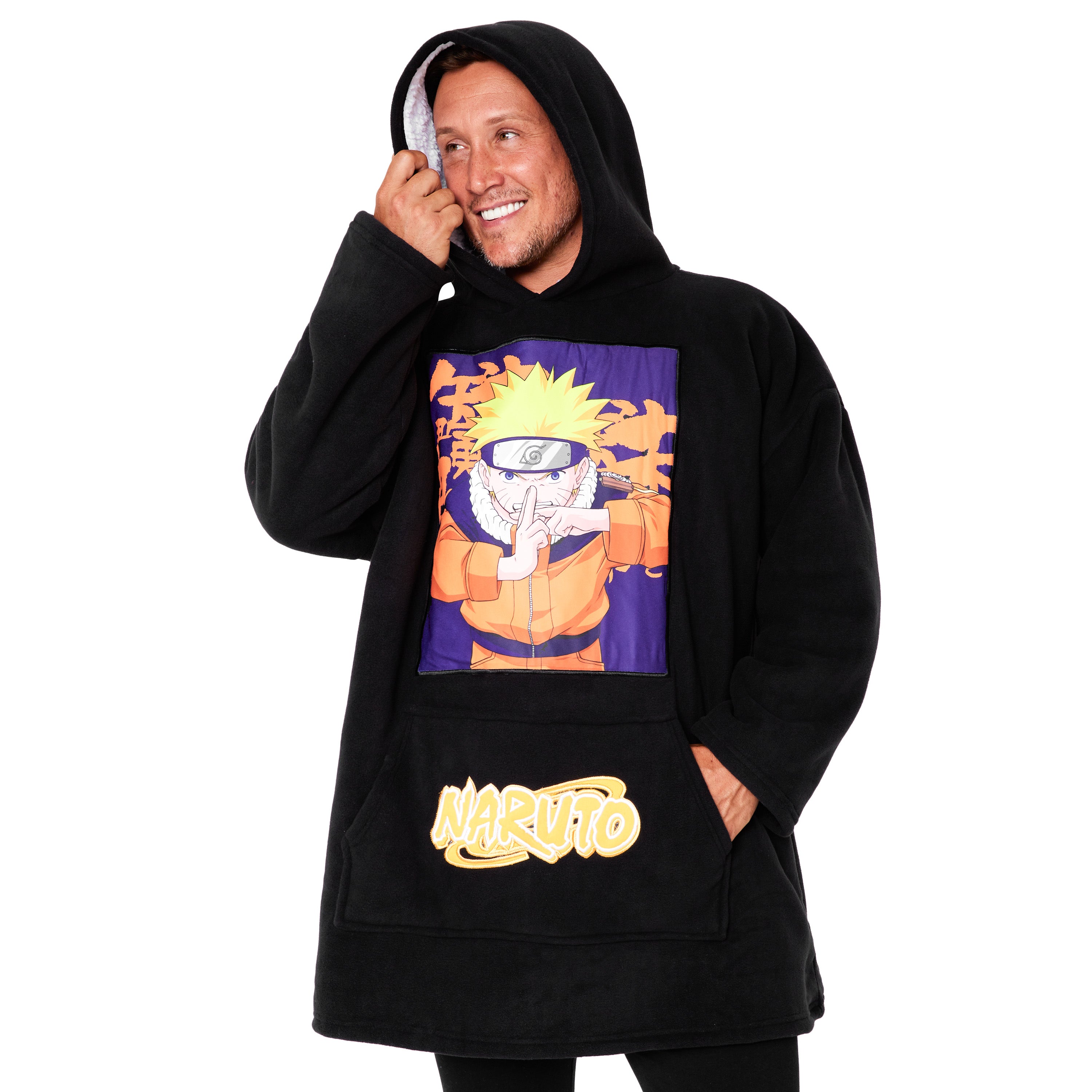 naruto-sweat-plaid-homme-oversize-noir-orange-polaire image 1