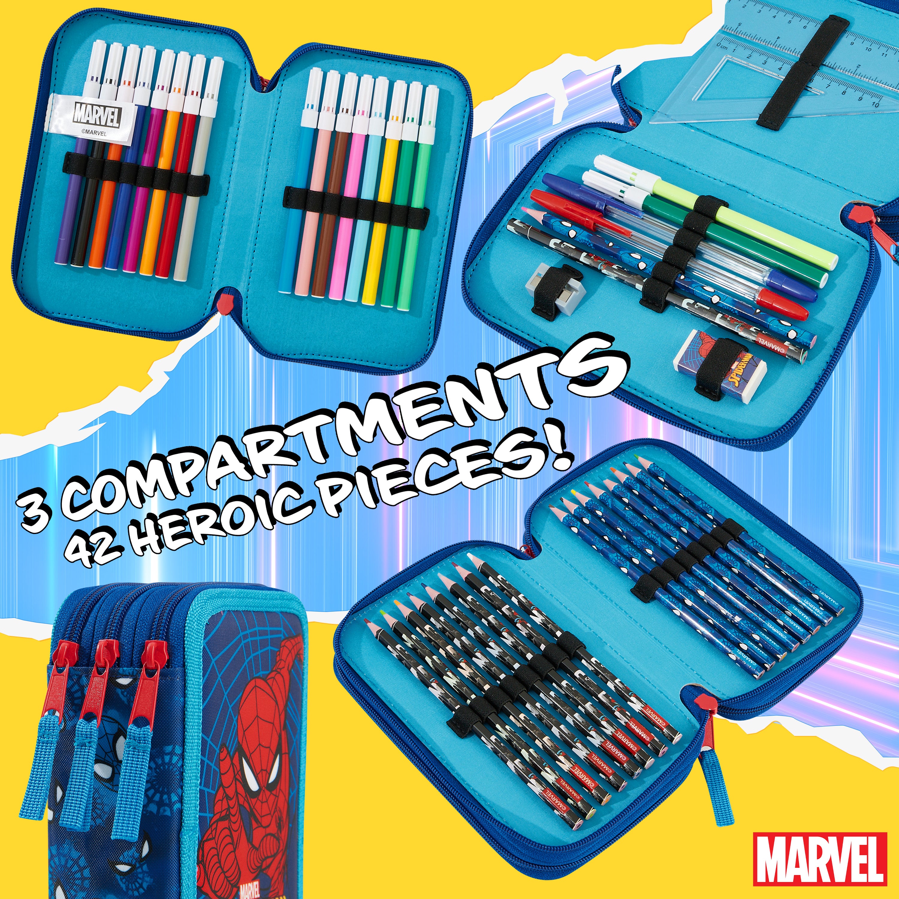 marvel-trousse-scolaire-garnie-spiderman-triple-zip-fournie image 4