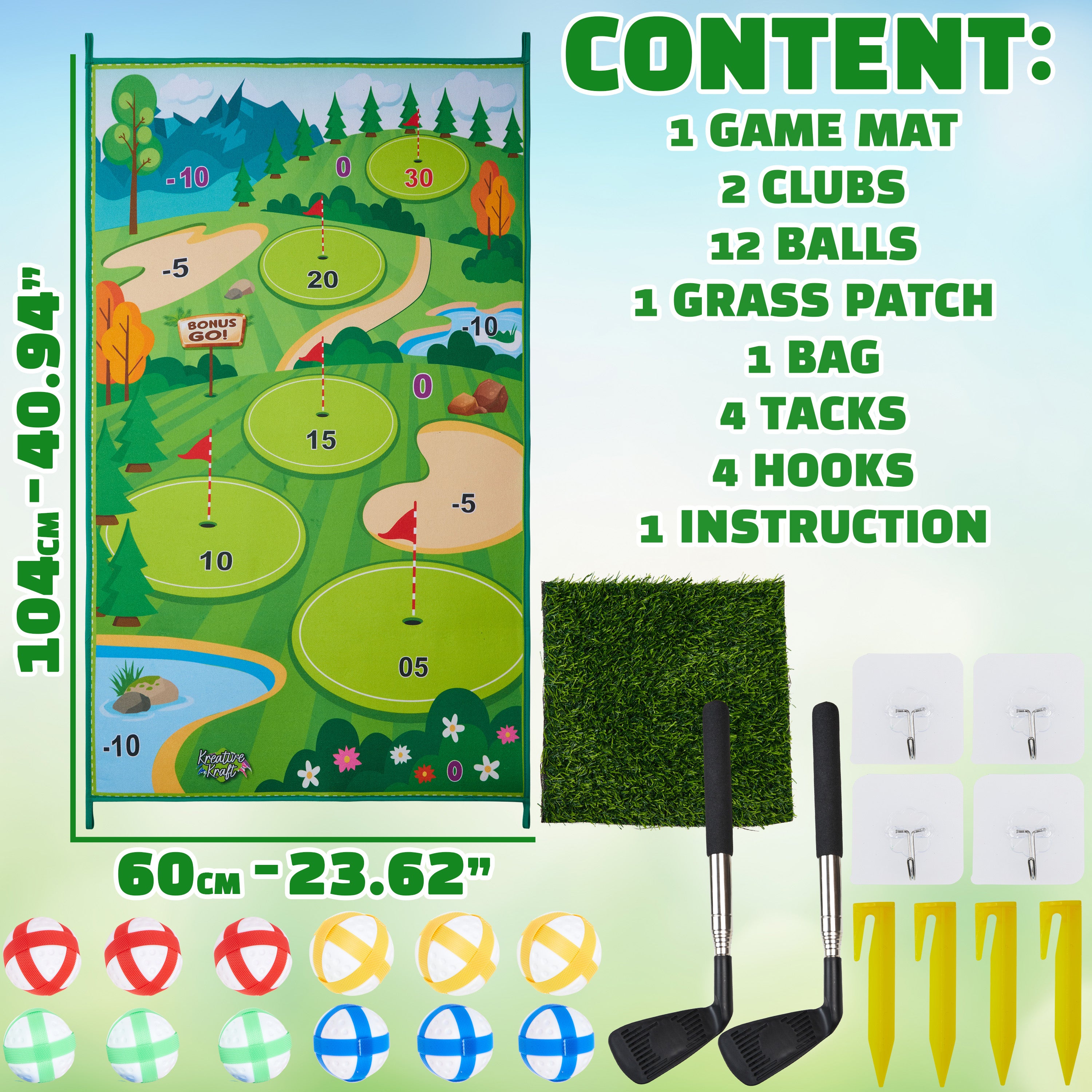 kreativekraft-set-golf-enfant-tapis-cible-2-clubs-12-balles image 6