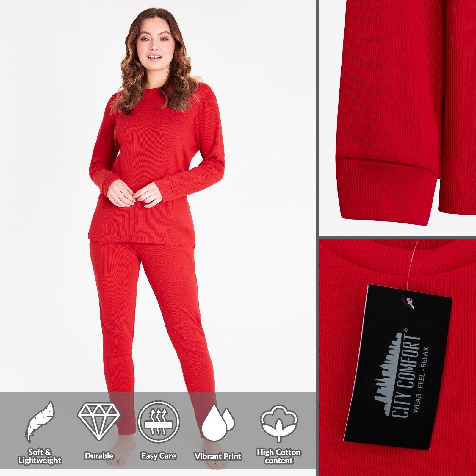 citycomfort-pyjama-c-tel-femme-coton-rouge-2-pi-ces image 6