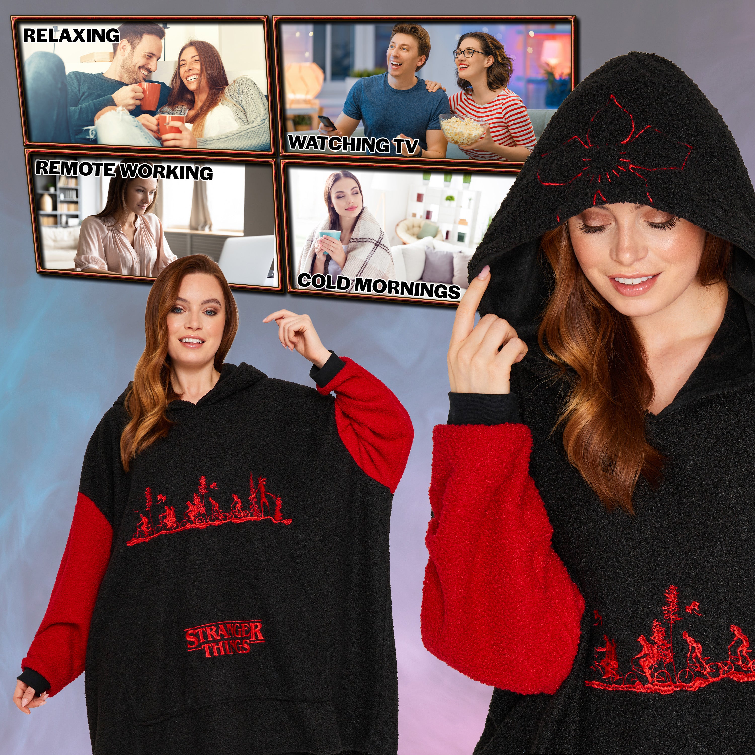 stranger-things-sweat-plaid-polaire-noir-rouge-taille-unique image 3