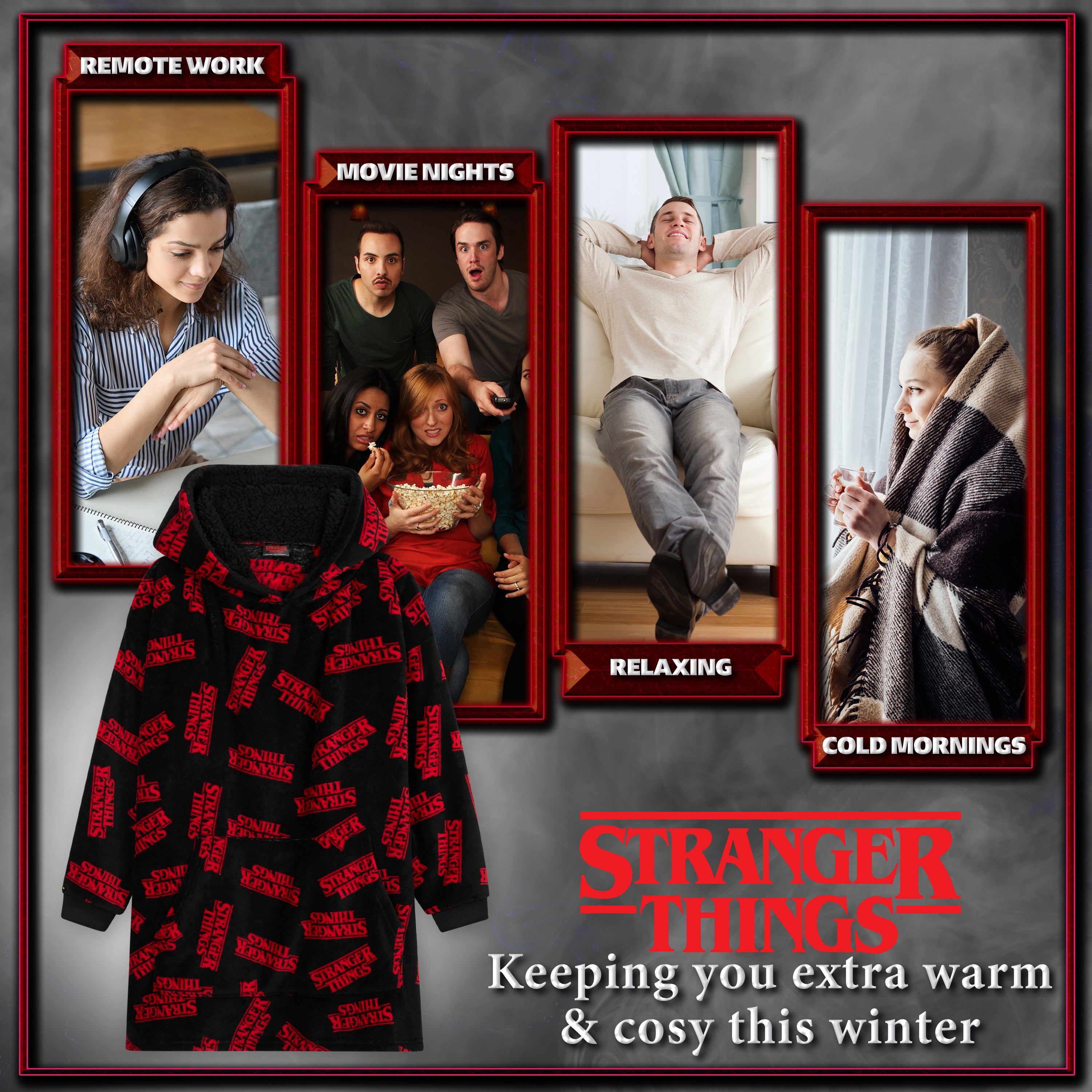 get-trend-stranger-things-sweat-plaid-capuche-noir-rouge-polaire image 5