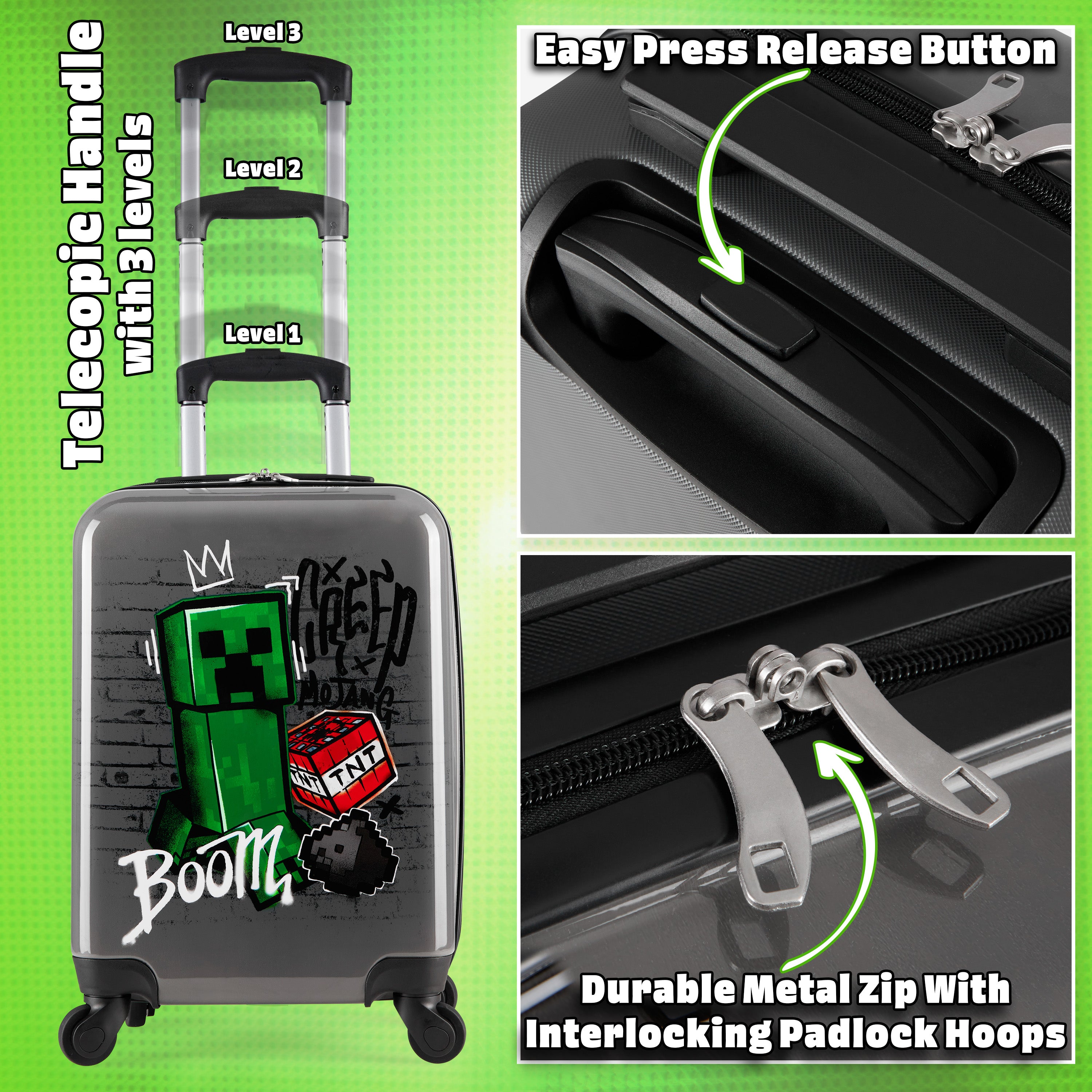 minecraft-creeper-valise-cabine-enfant-roulettes-verte-49-cm image 5