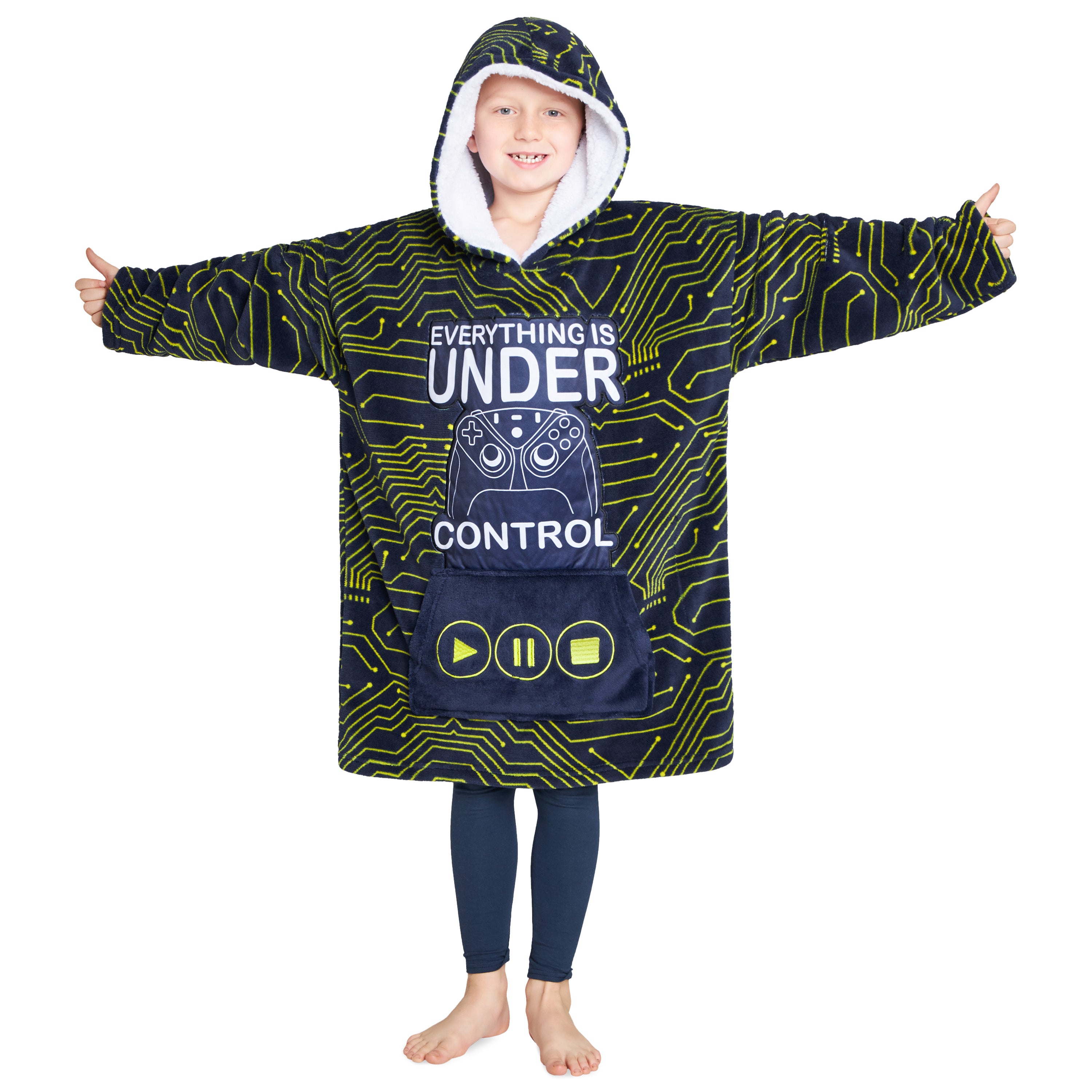 citycomfort-plaid-hoodie-enfant-marine-jaune-polaire-sherpa image 1