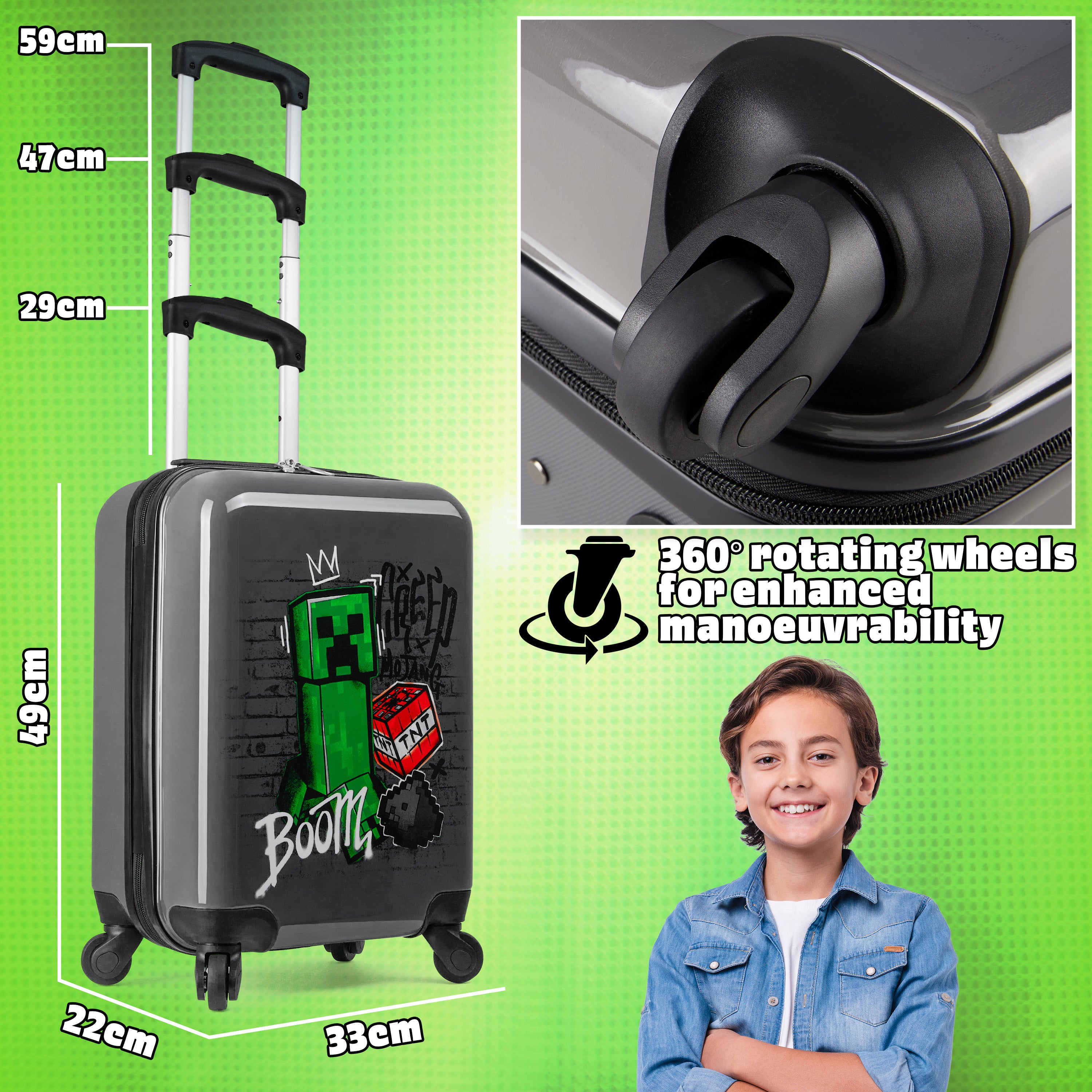 minecraft-creeper-valise-cabine-enfant-roulettes-verte-49-cm image 4