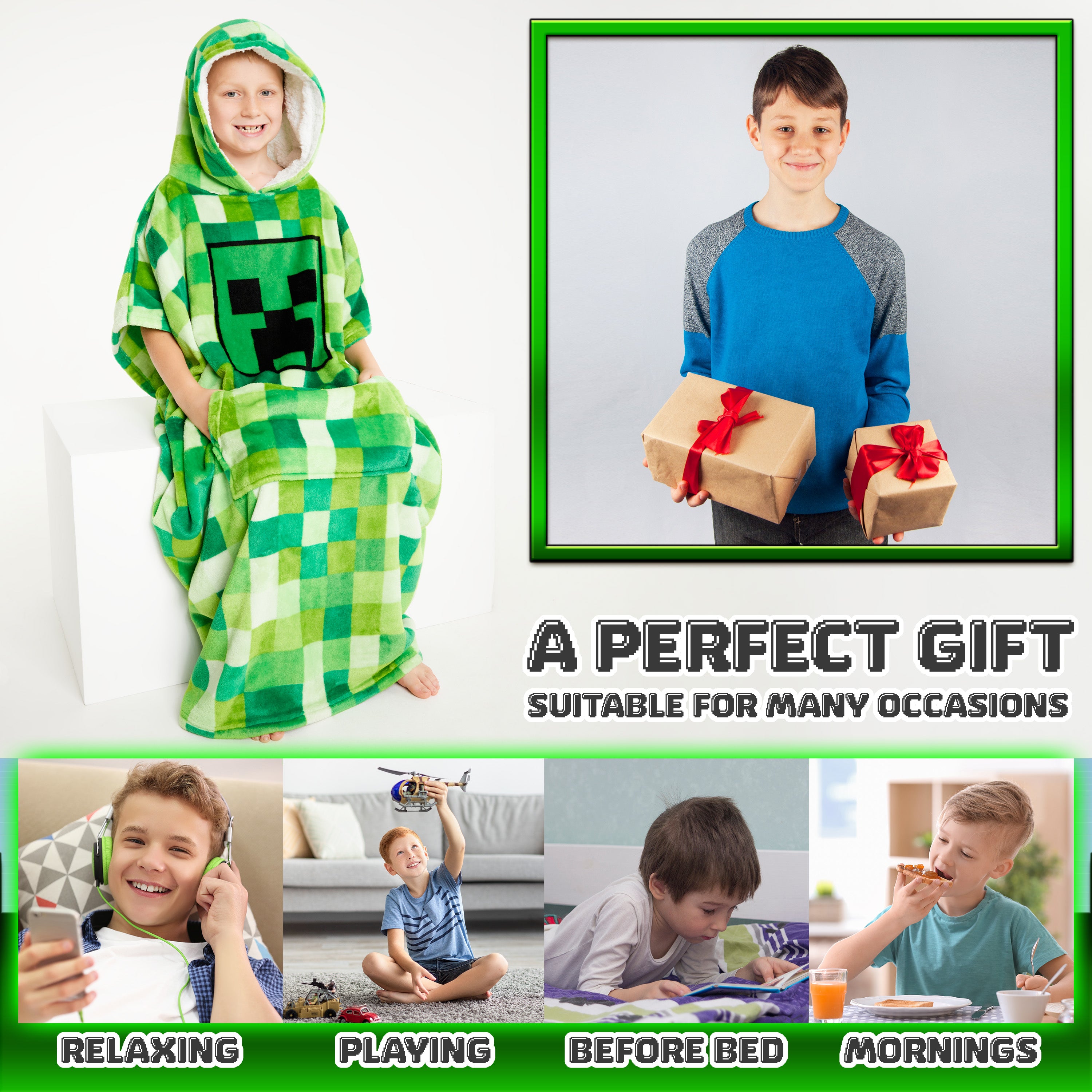 minecraft-sweat-plaid-capuche-enfant-vert-polaire image 3