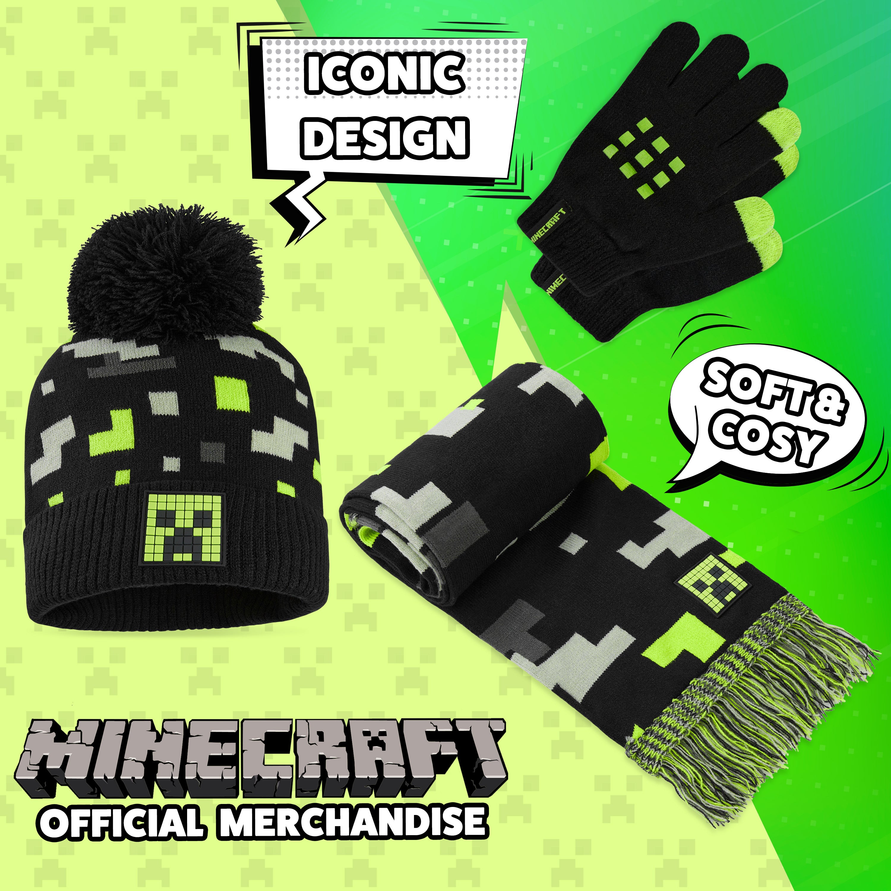 minecraft-ensemble-bonnet-charpe-gants-noir-vert-junior image 3