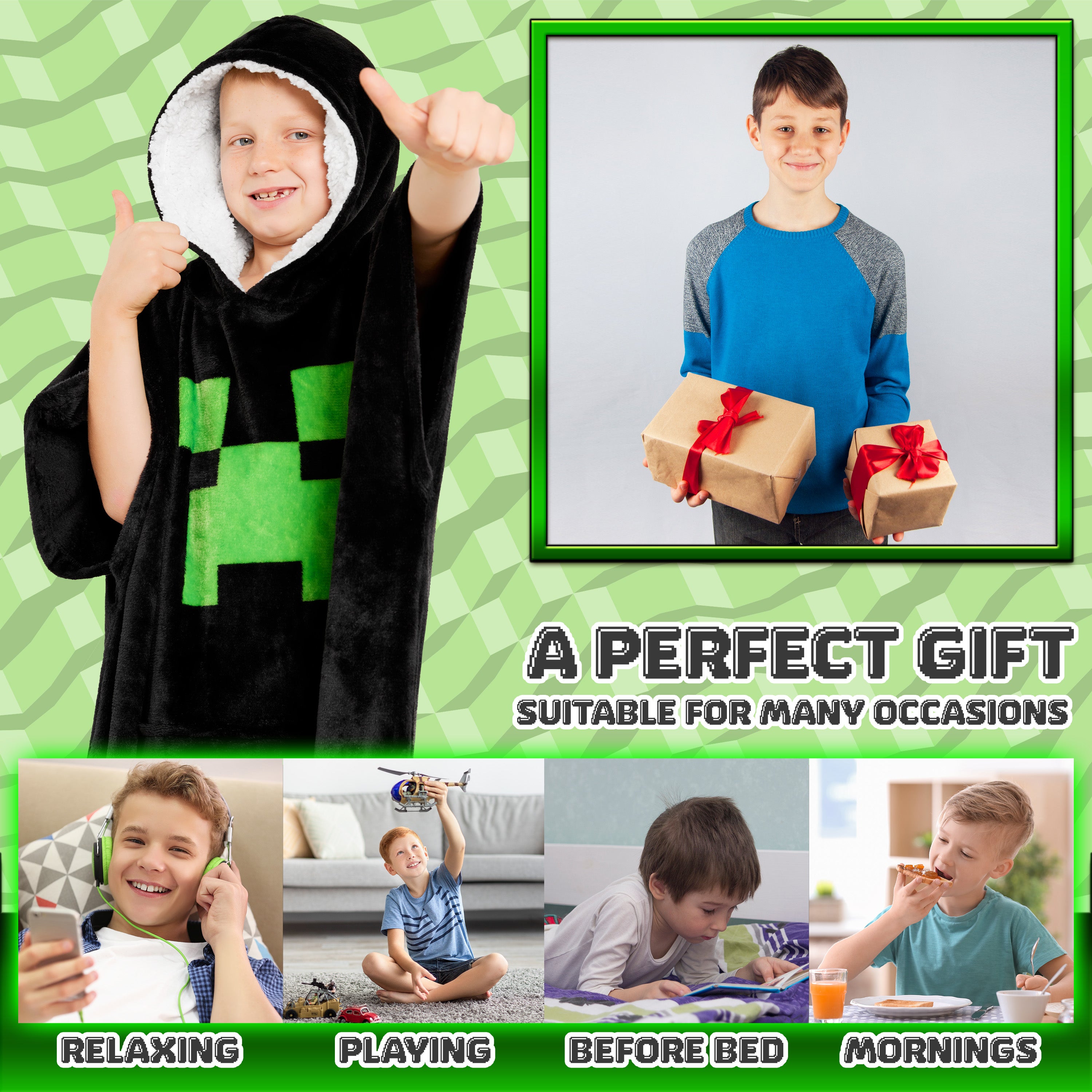 minecraft-sweat-plaid-enfant-capuche-polaire-noir-vert image 3