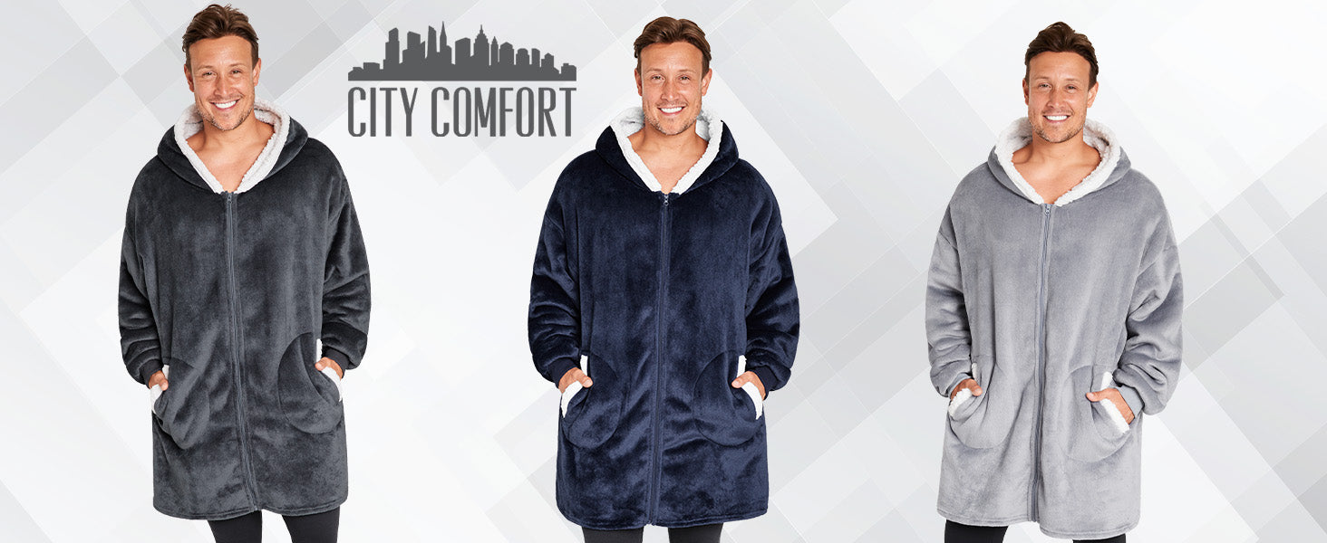 citycomfort-sweat-plaid-capuche-zipp-gris-polaire-sherpa image 1