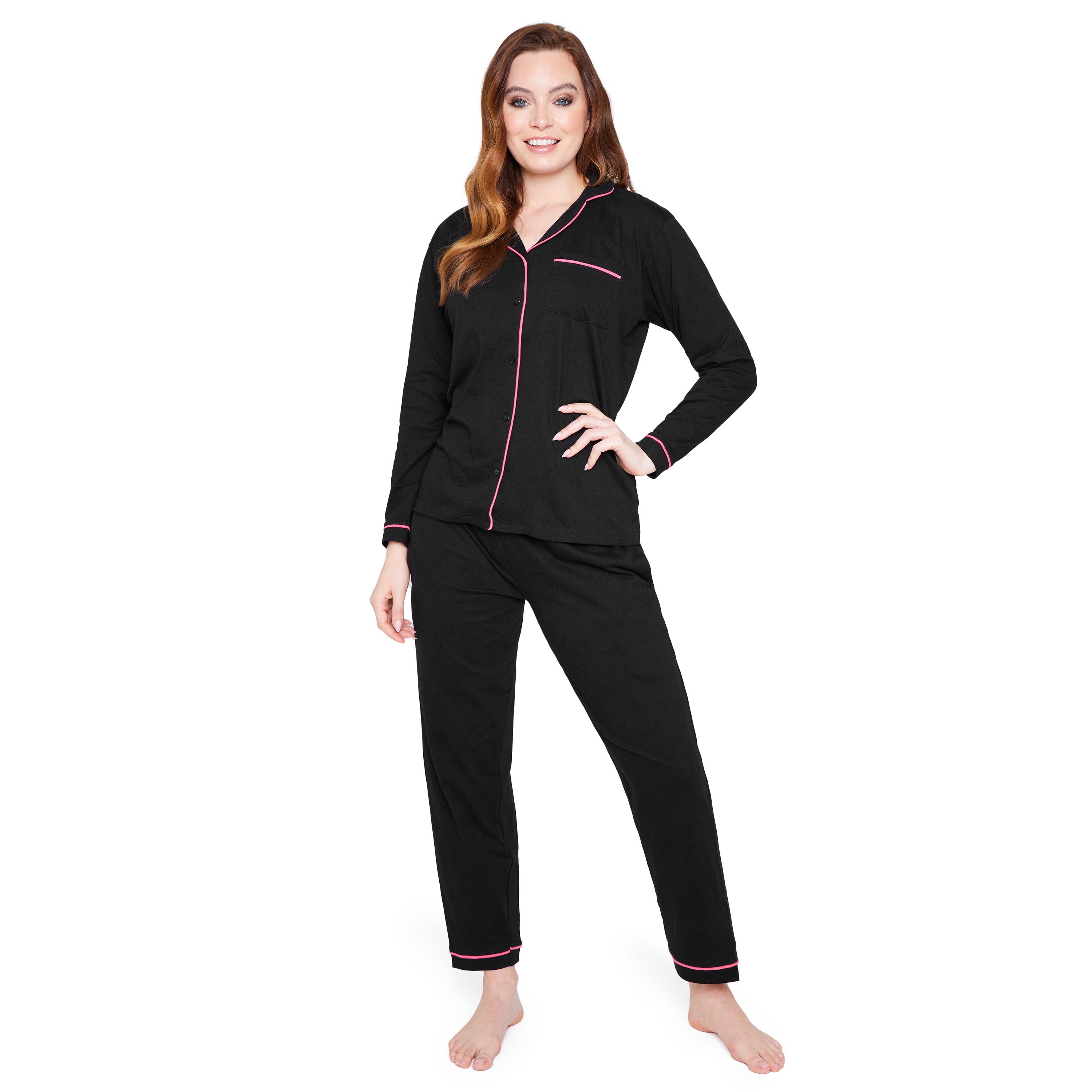 pyjama-femme-coton-boutonn-manches-longues-rose image 3