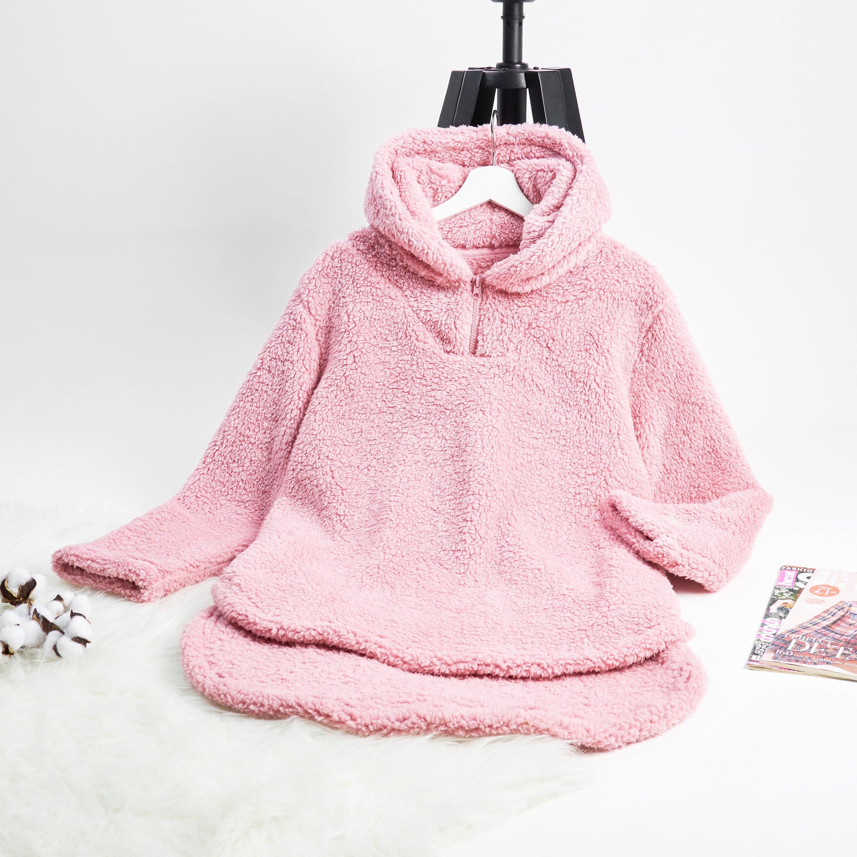 citycomfort-sweat-capuche-femme-polaire-teddy-rose-gris-bleu image 3