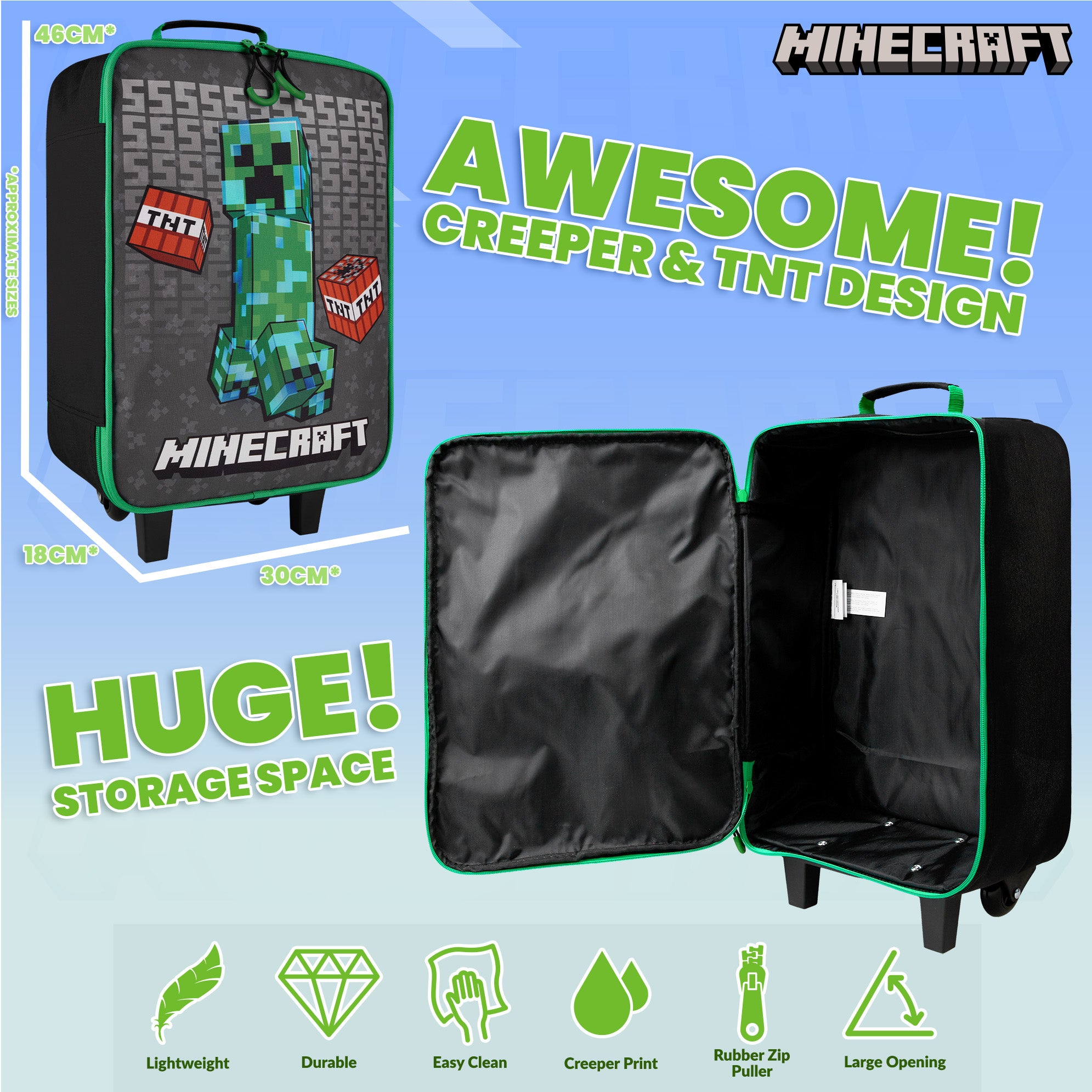 minecraft-valise-cabine-enfant-pliable-roulettes-creeper image 4