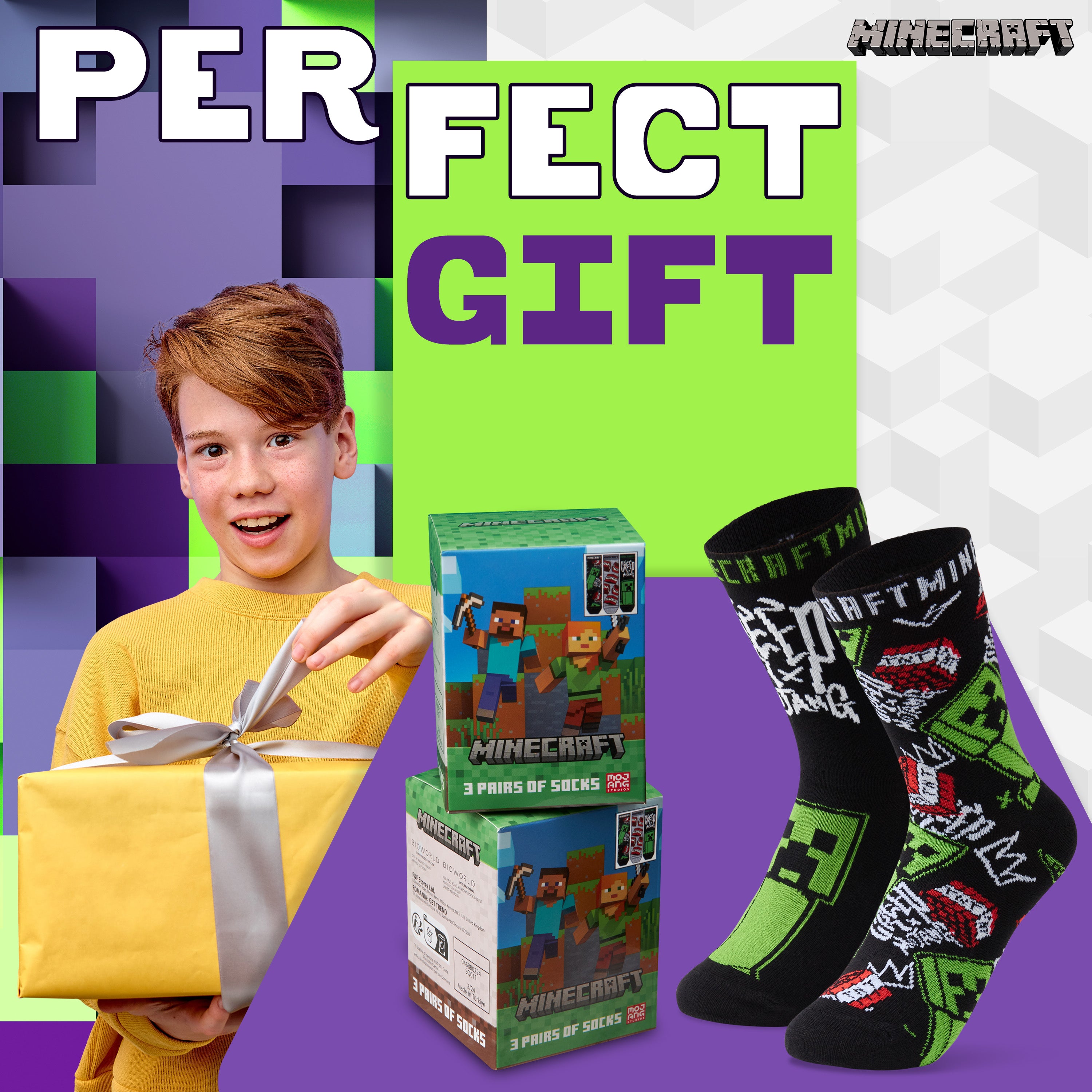 minecraft-chaussettes-gar-on-coton-lot-de-3-cheville-7-10-ans image 3