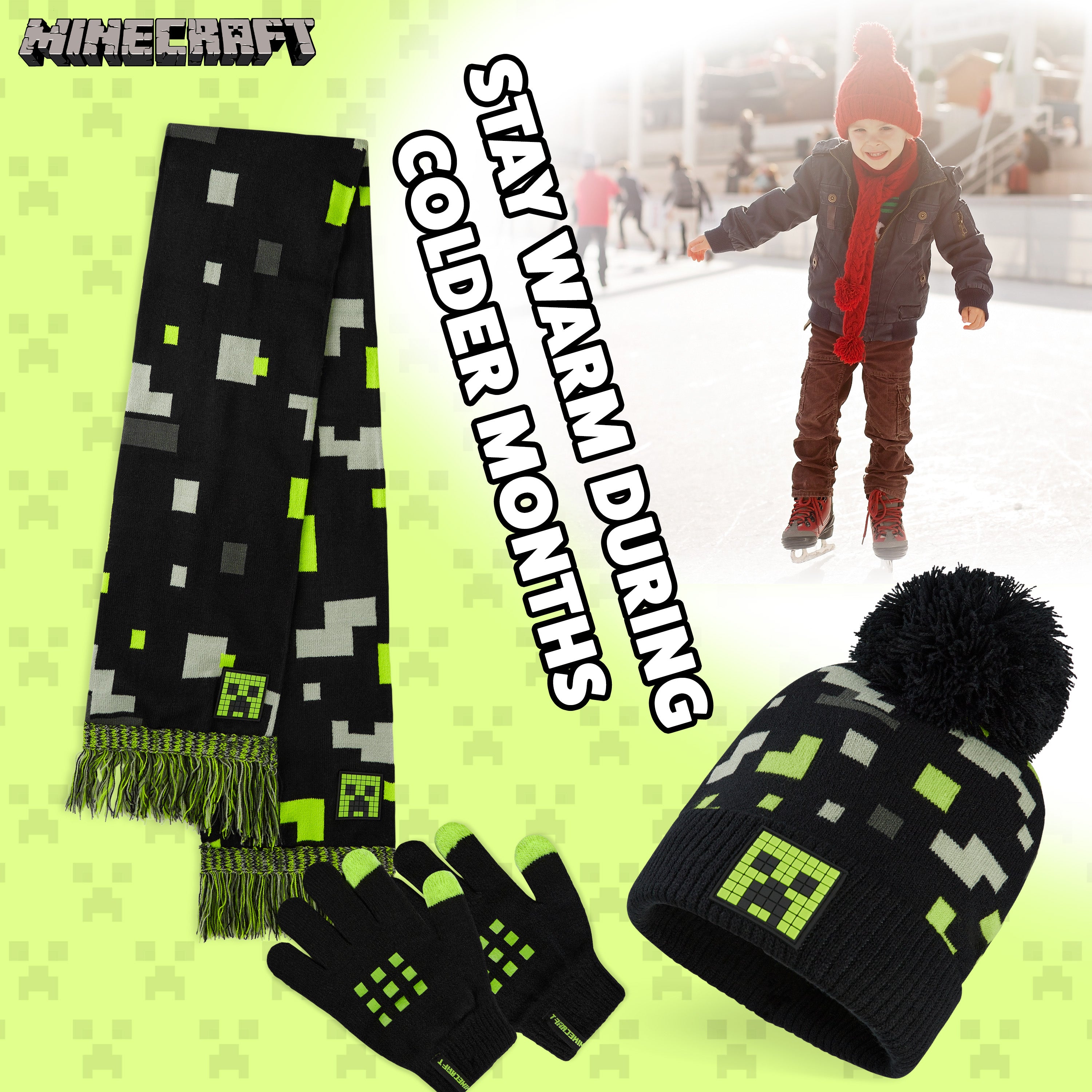 minecraft-ensemble-bonnet-charpe-gants-noir-vert-junior image 5