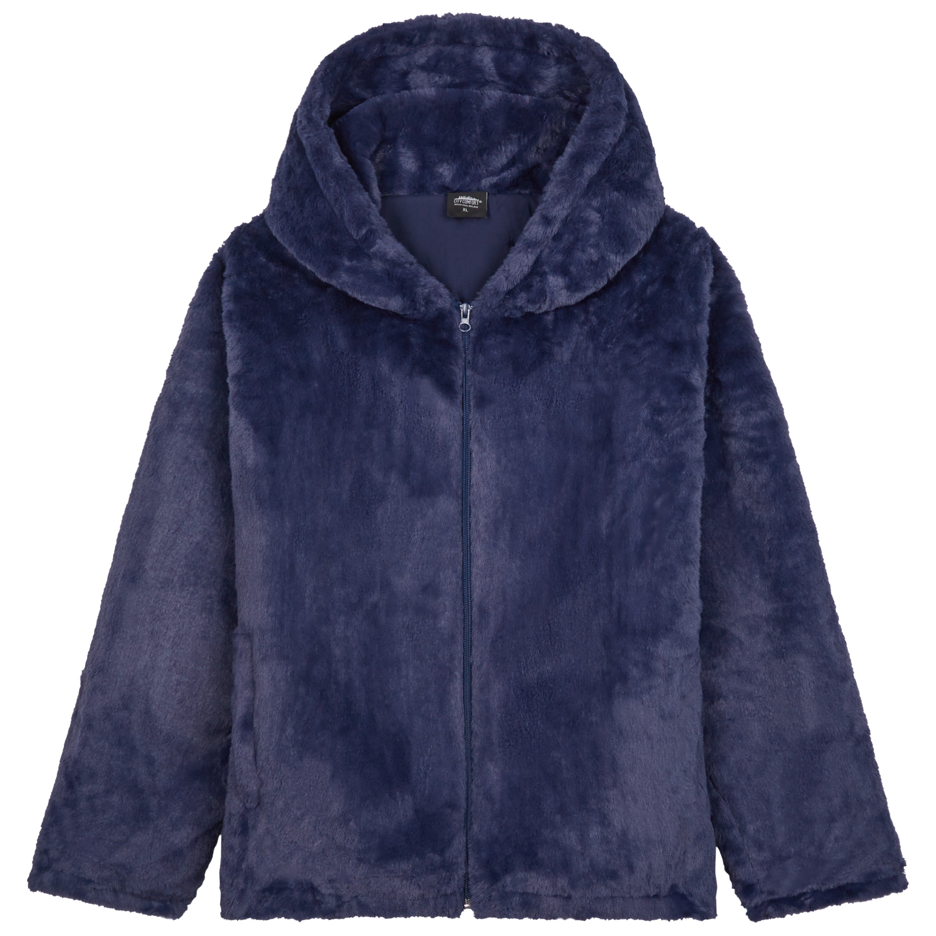 manteau-femme-fausses-fourrure-capuche-peluche-marine-noir image 1