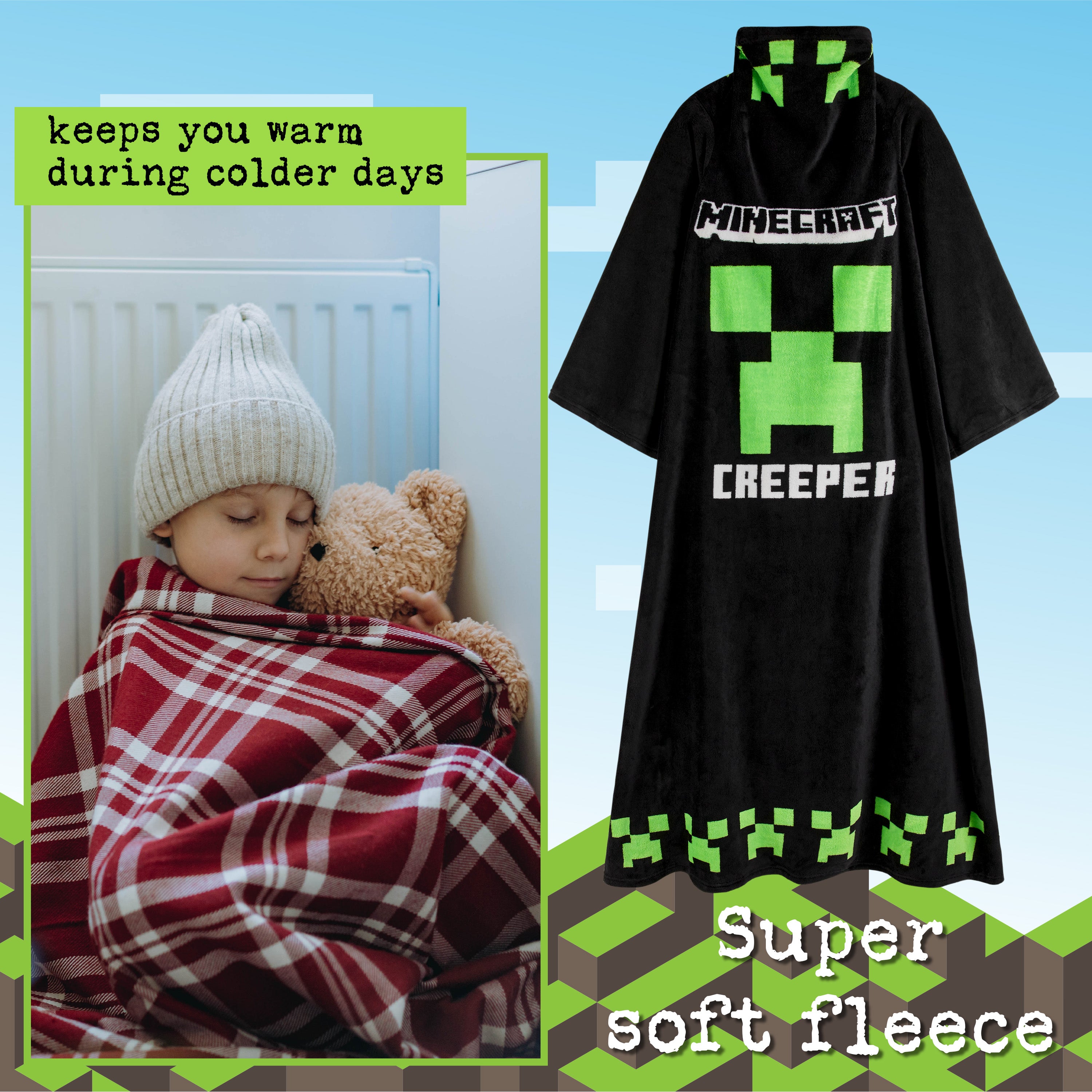 minecraft-sweat-plaid-capuche-enfant-noir-polaire image 5