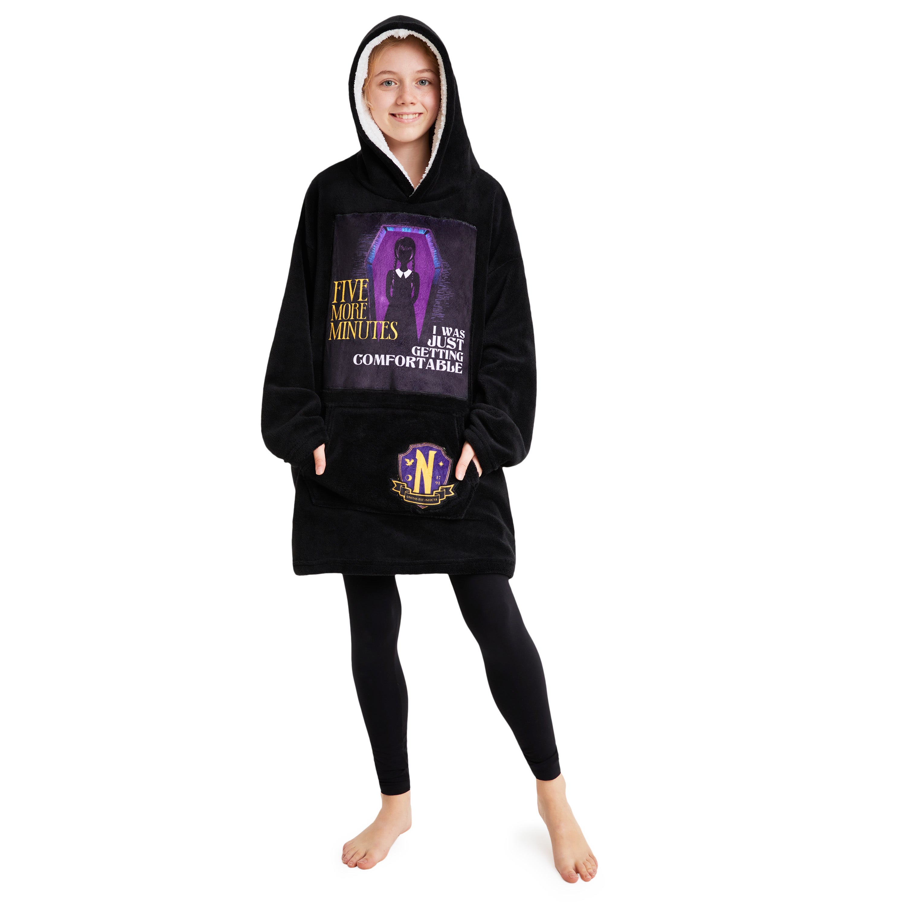 wednesday-sweat-plaid-fille-noir-violet-polaire-capuche image 1
