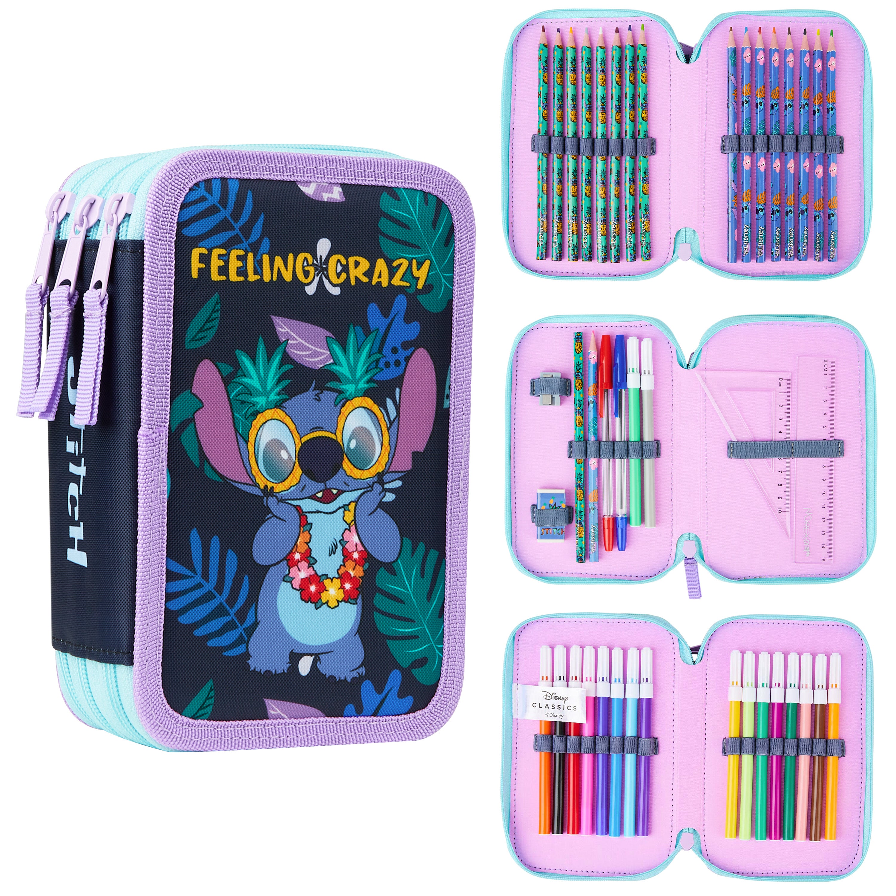 disney-stitch-trousse-garnie-triple-zip-crayons-feutres image 1