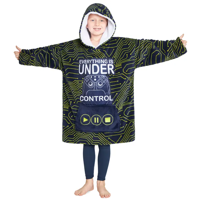 citycomfort-plaid-hoodie-enfant-marine-jaune-polaire-sherpa image 1