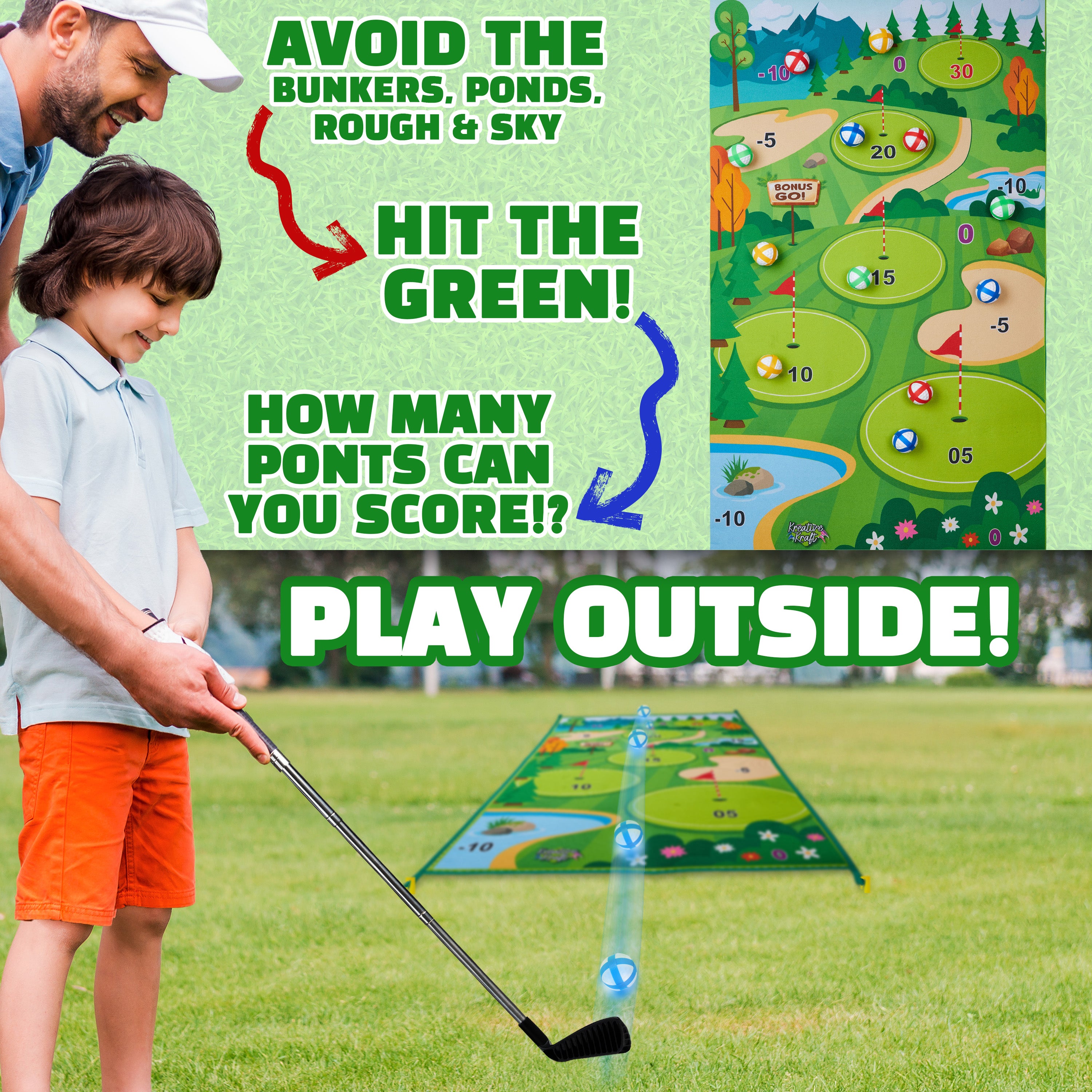 kreativekraft-set-golf-enfant-tapis-cible-2-clubs-12-balles image 3