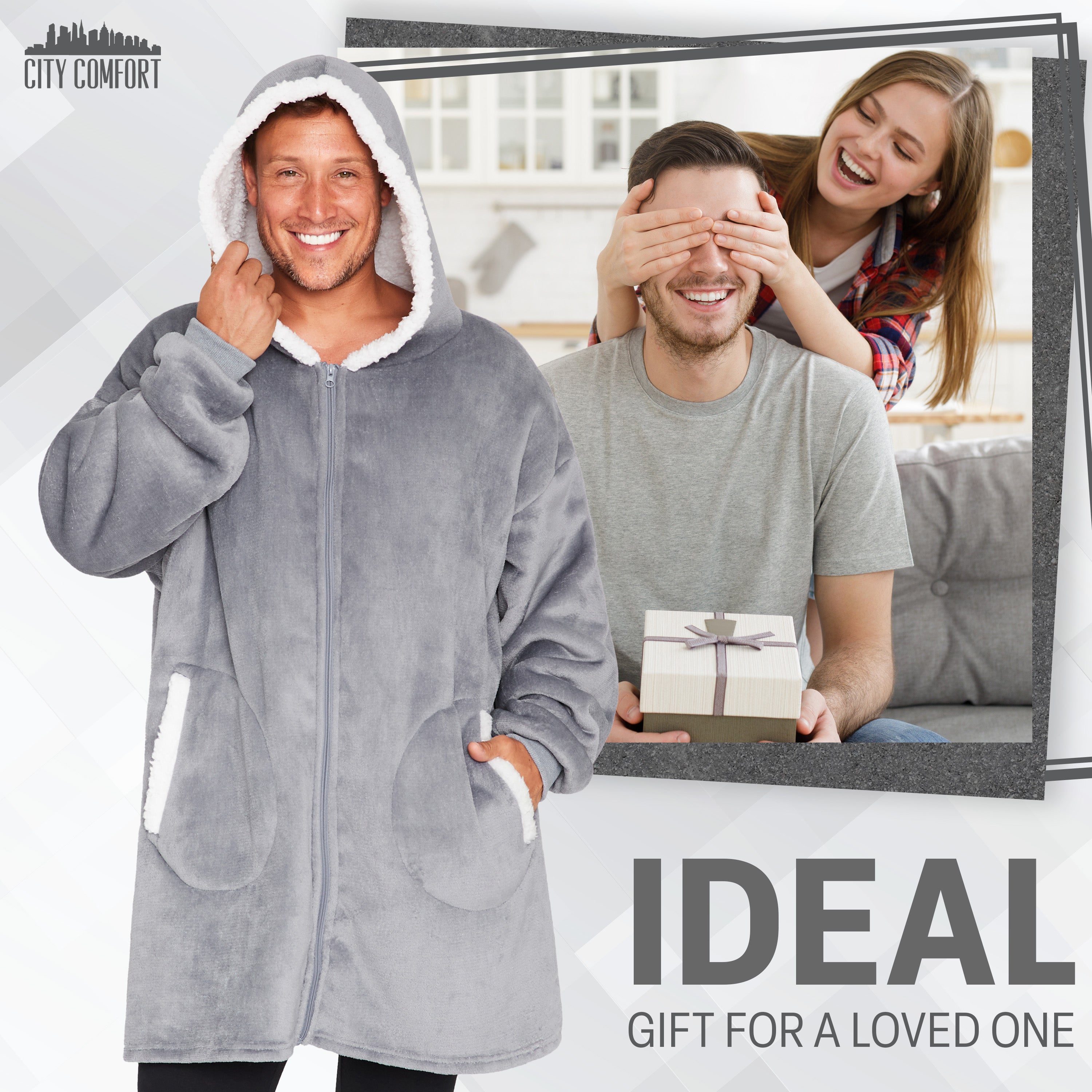 citycomfort-sweat-plaid-capuche-zipp-gris-polaire-sherpa image 3
