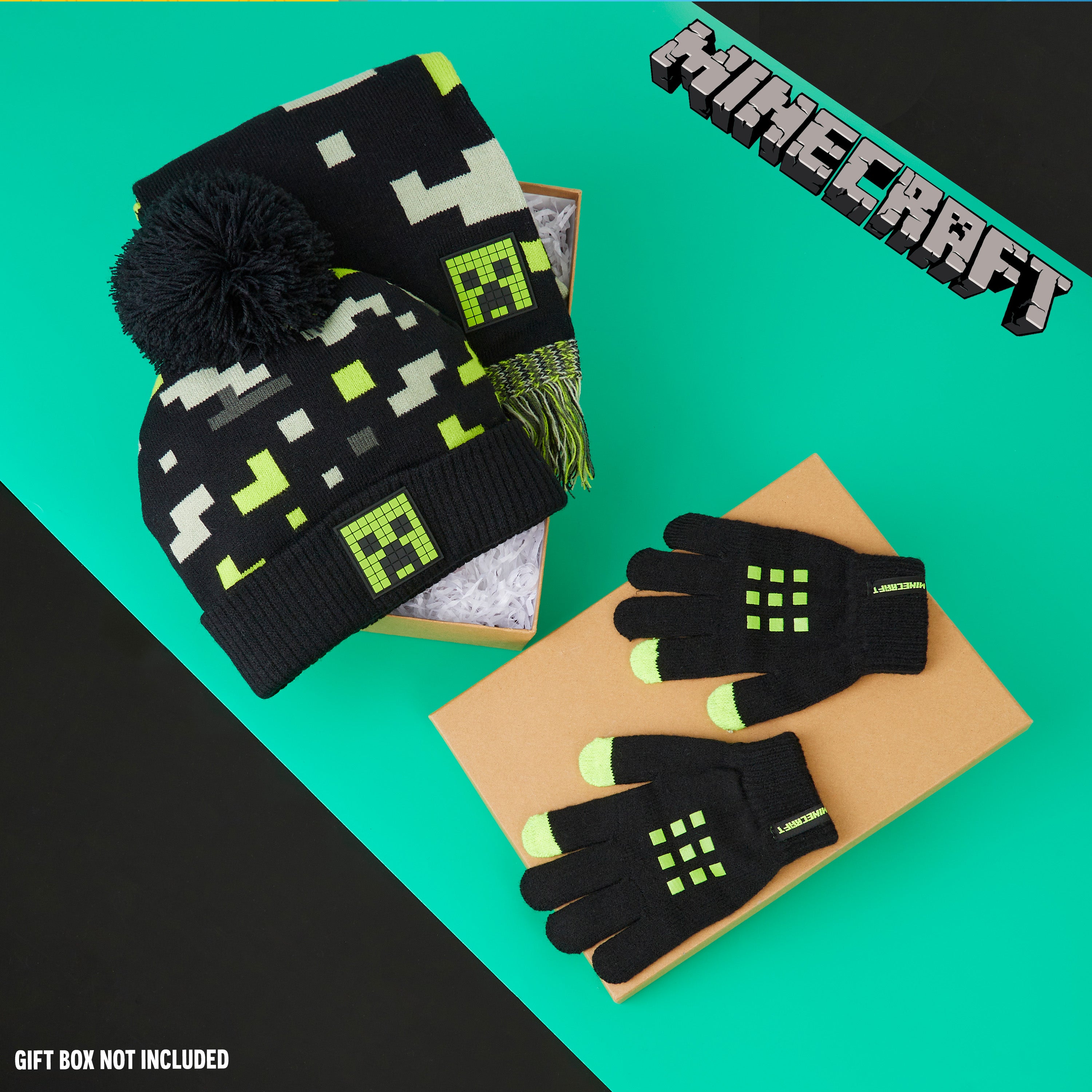 minecraft-ensemble-bonnet-charpe-gants-noir-vert-junior image 2