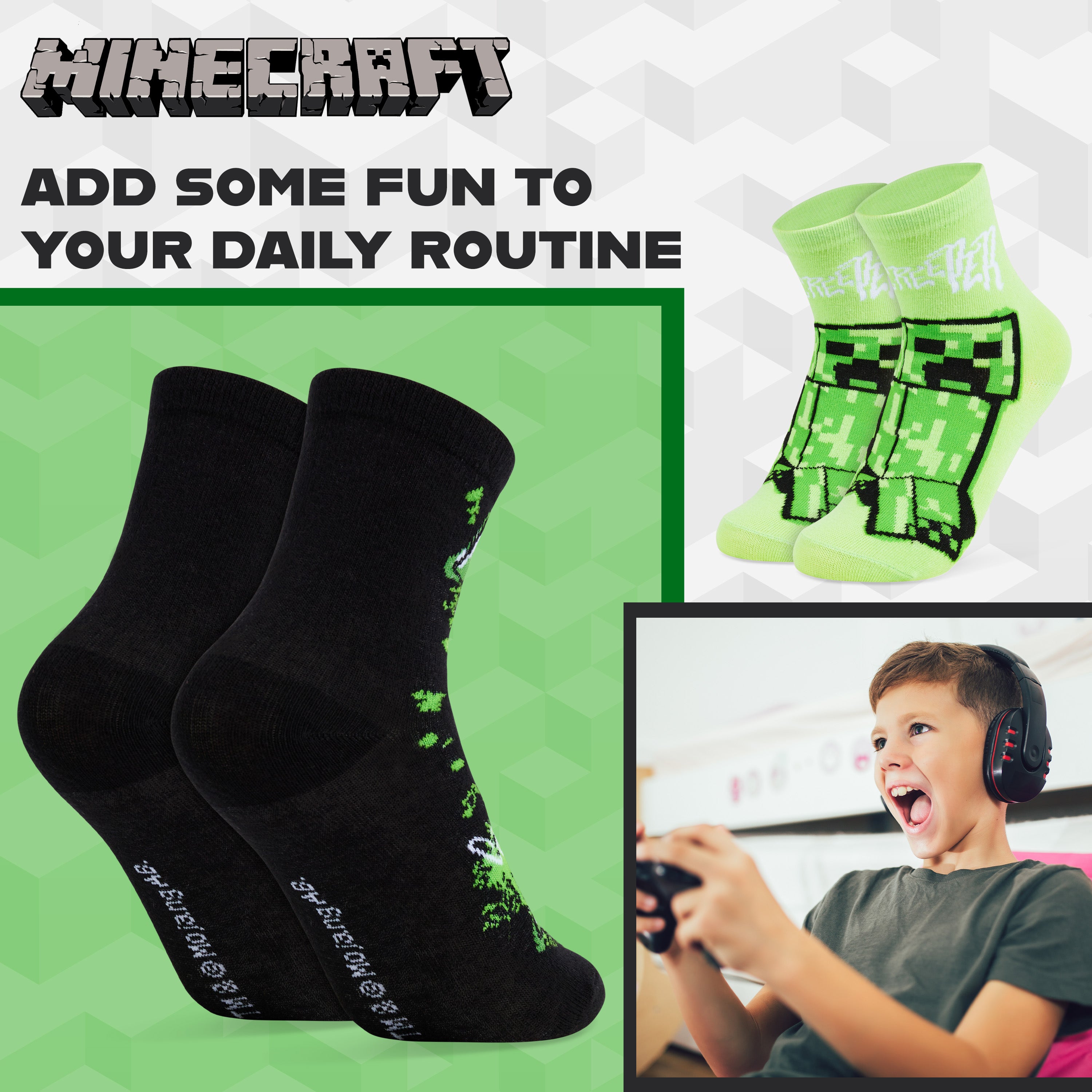 minecraft-creeper-chaussettes-mi-mollet-gar-on-lot-5-coton image 3