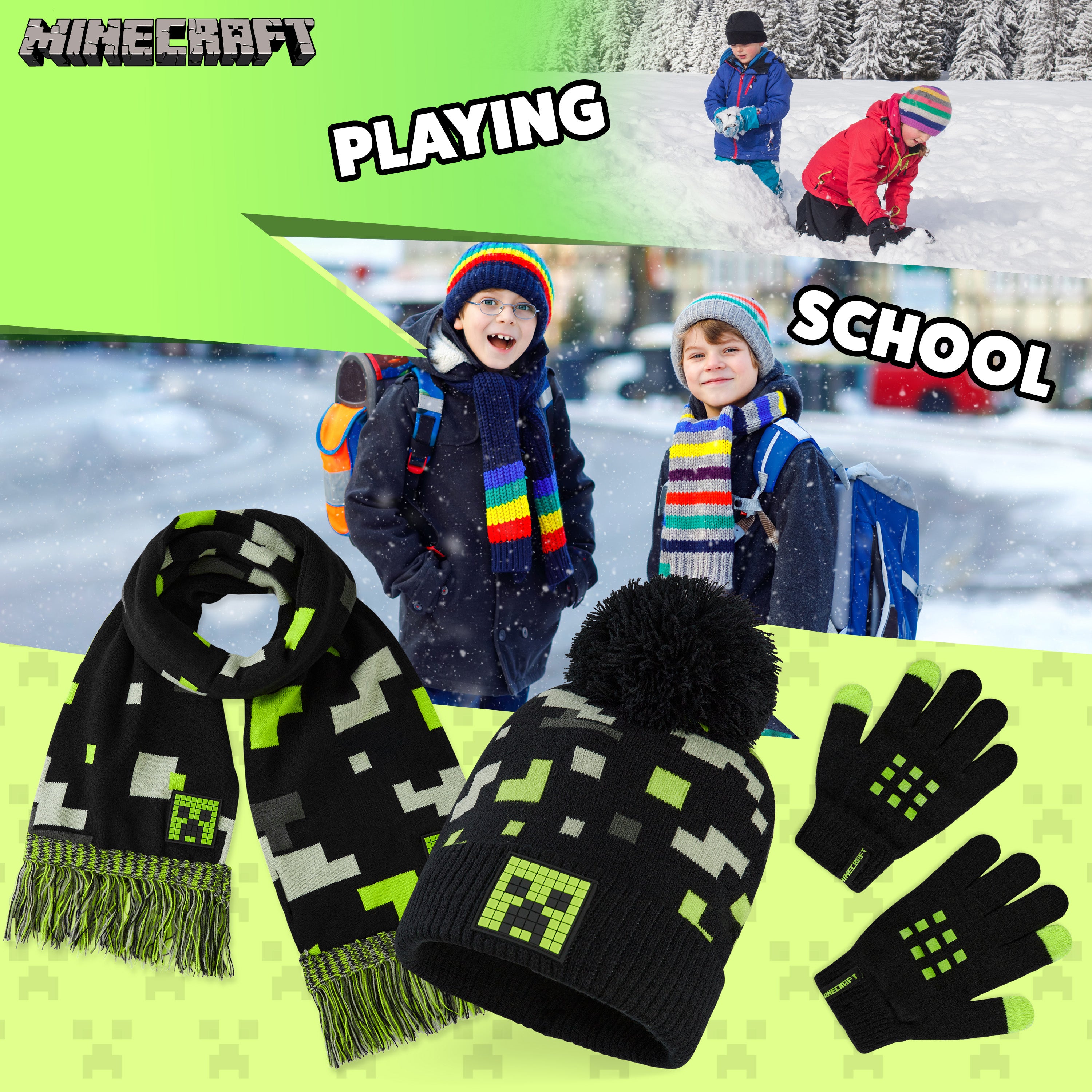 minecraft-ensemble-bonnet-charpe-gants-noir-vert-junior image 4