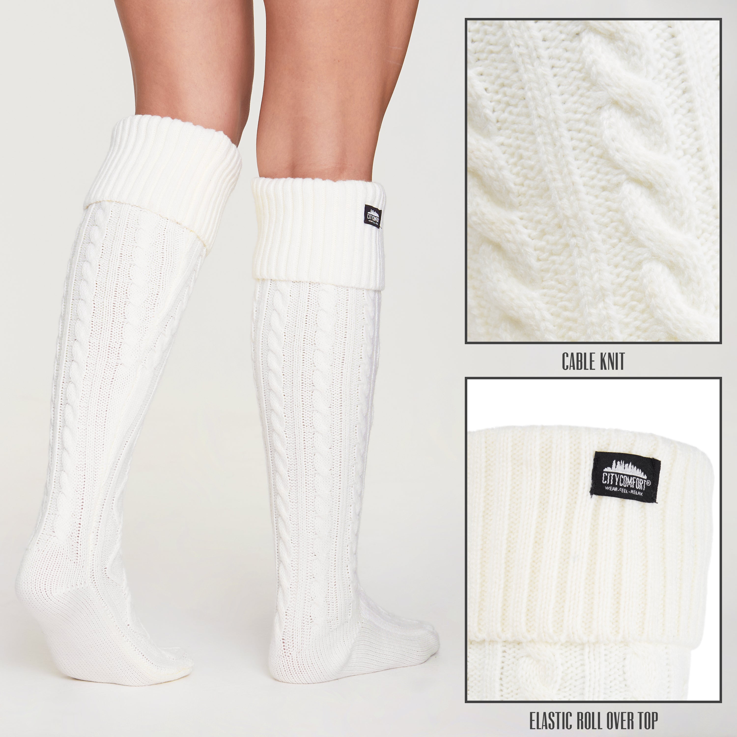 citycomfort-women-chaussettes-hautes-femme-cr-me-maille-torsad-e image 3
