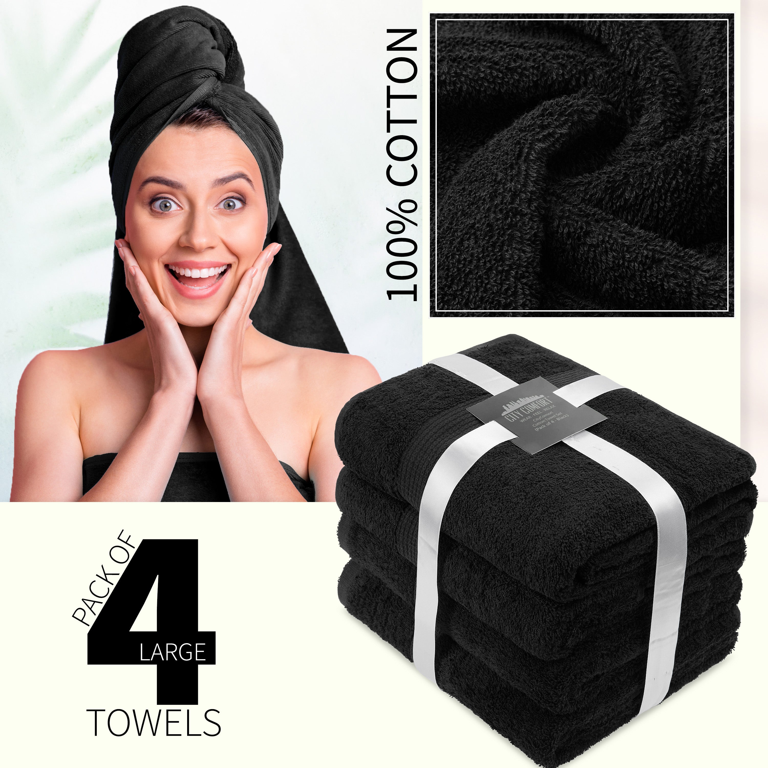 get-trend-citycomfort-serviettes-de-bain-coton-lot-4-noir-550-gsm image 3