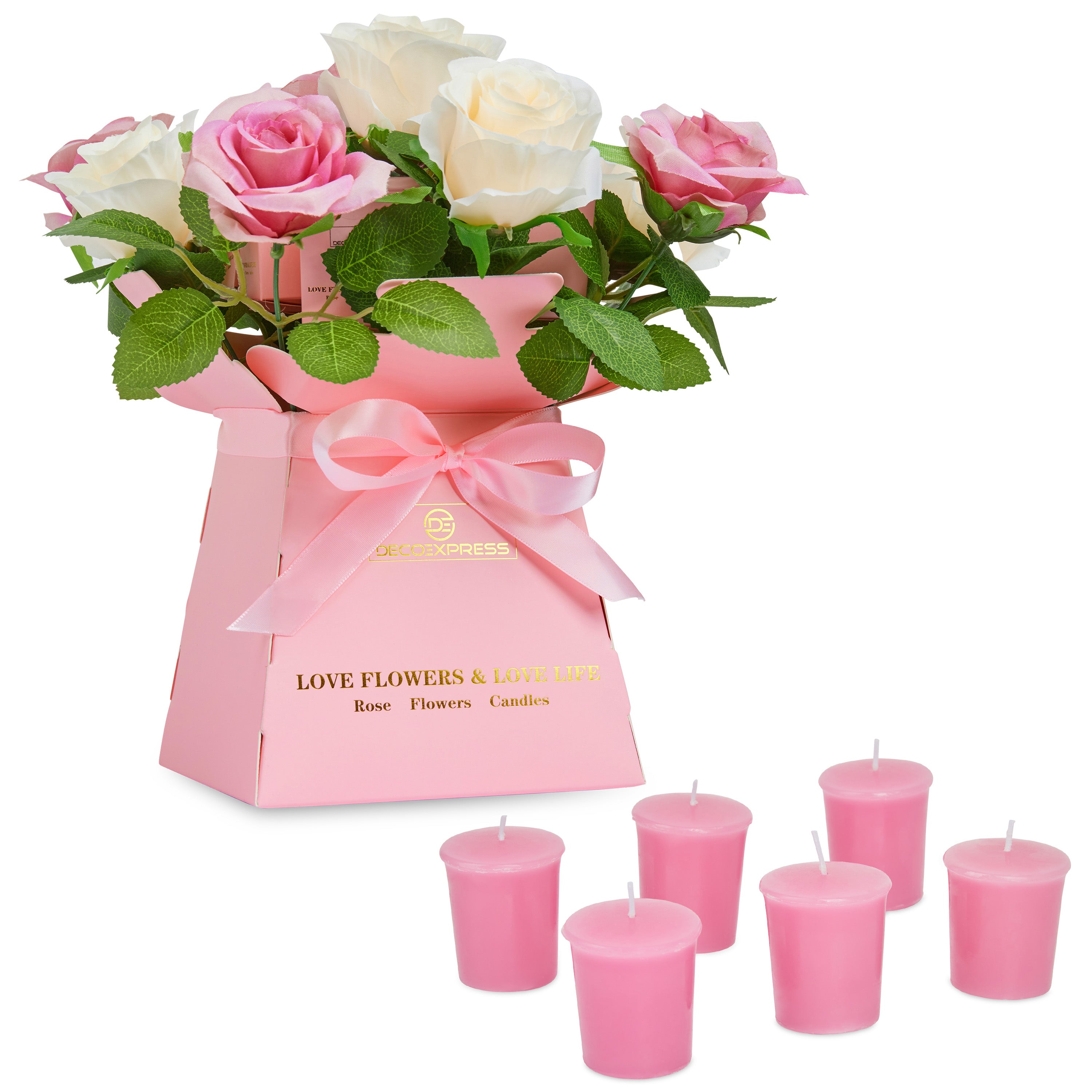 deco-express-coffret-bouquet-roses-bougies-rose image 1